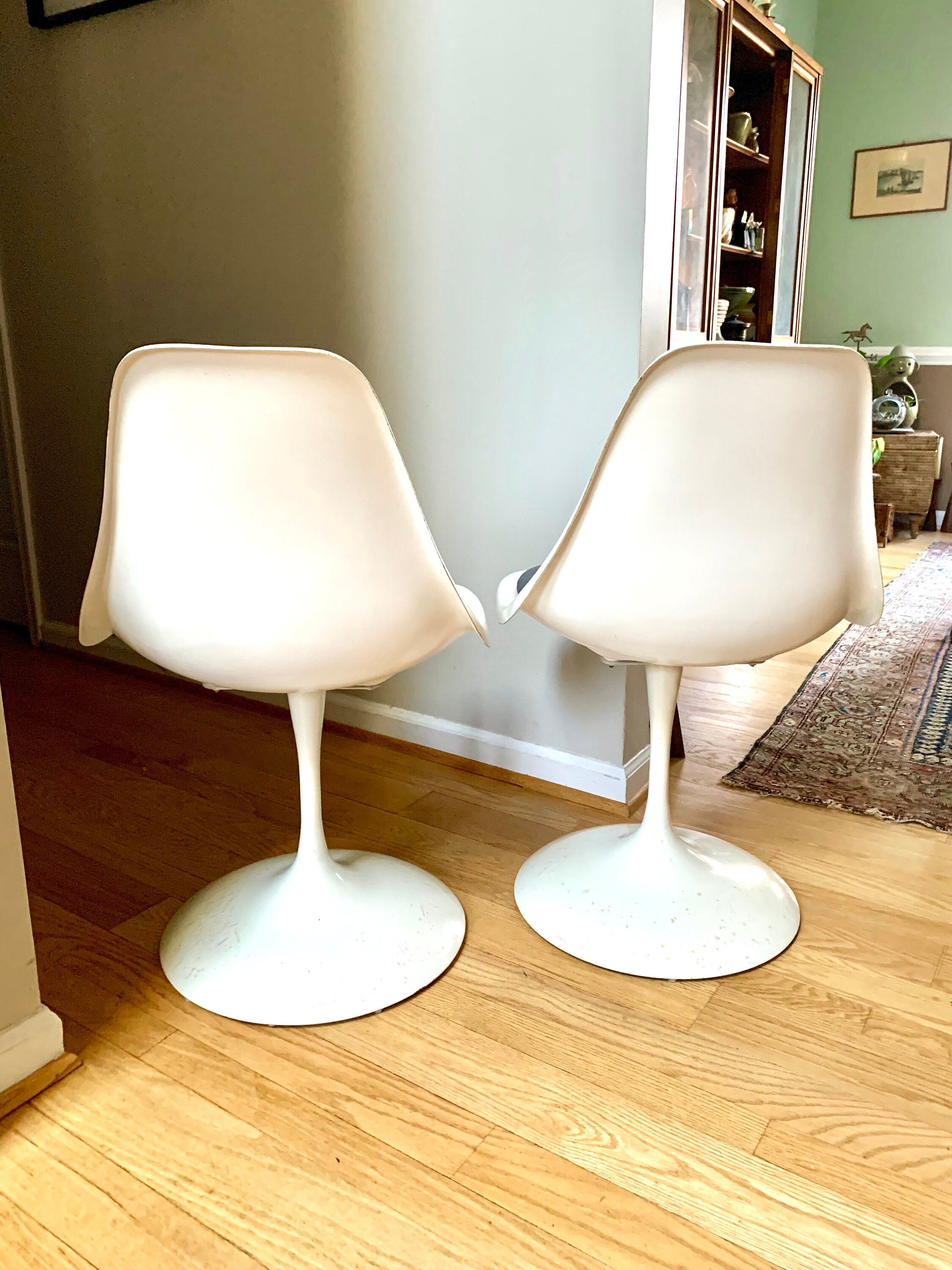 Vtg Pair White Tulip Chairs | MCM White Tulip Chairs with Gray Cushions | Mid Century Modern Tulip Swivel Chairs