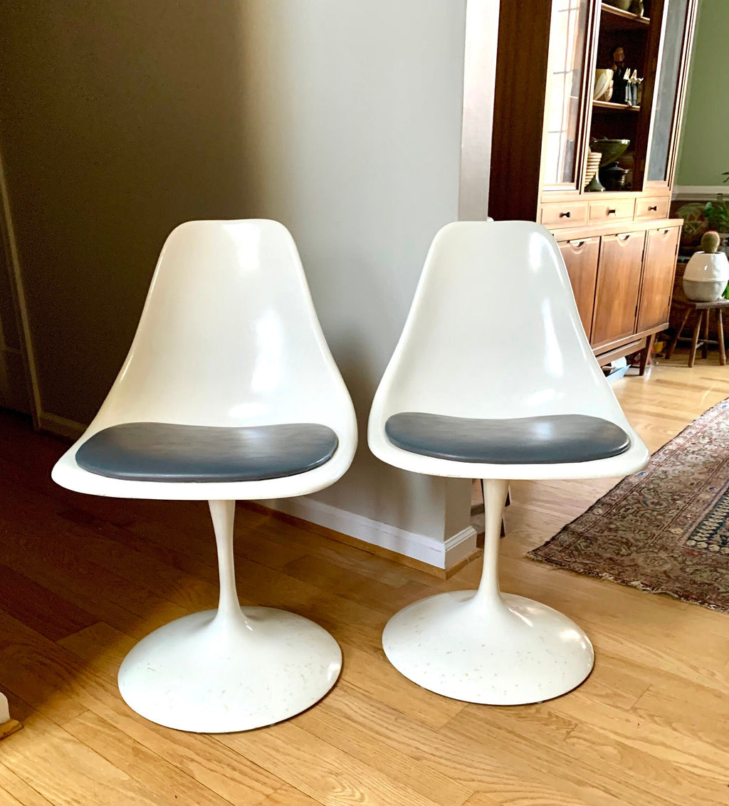 Vtg Pair White Tulip Chairs | MCM White Tulip Chairs with Gray Cushions | Mid Century Modern Tulip Swivel Chairs