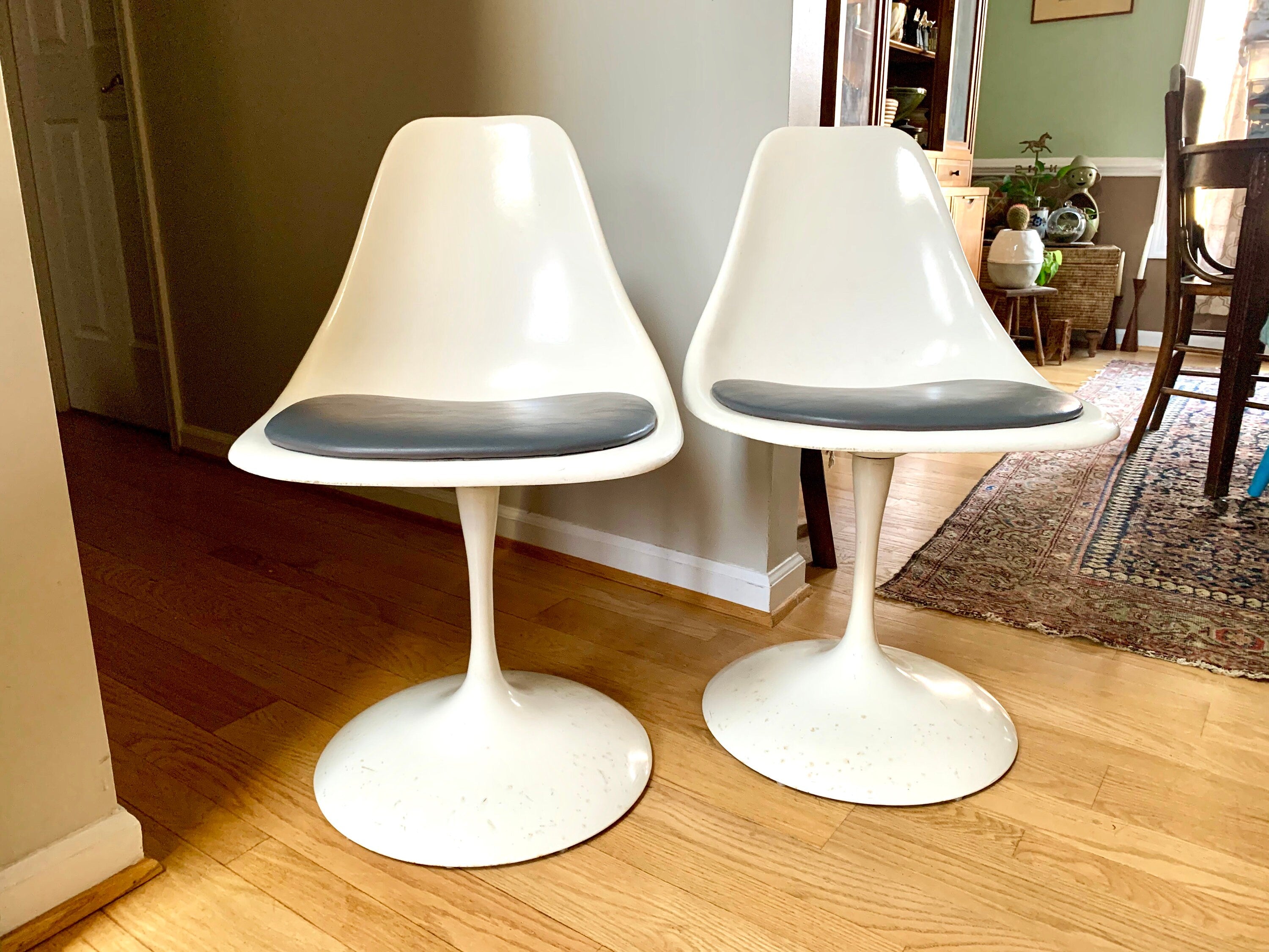 Vtg Pair White Tulip Chairs | MCM White Tulip Chairs with Gray Cushions | Mid Century Modern Tulip Swivel Chairs