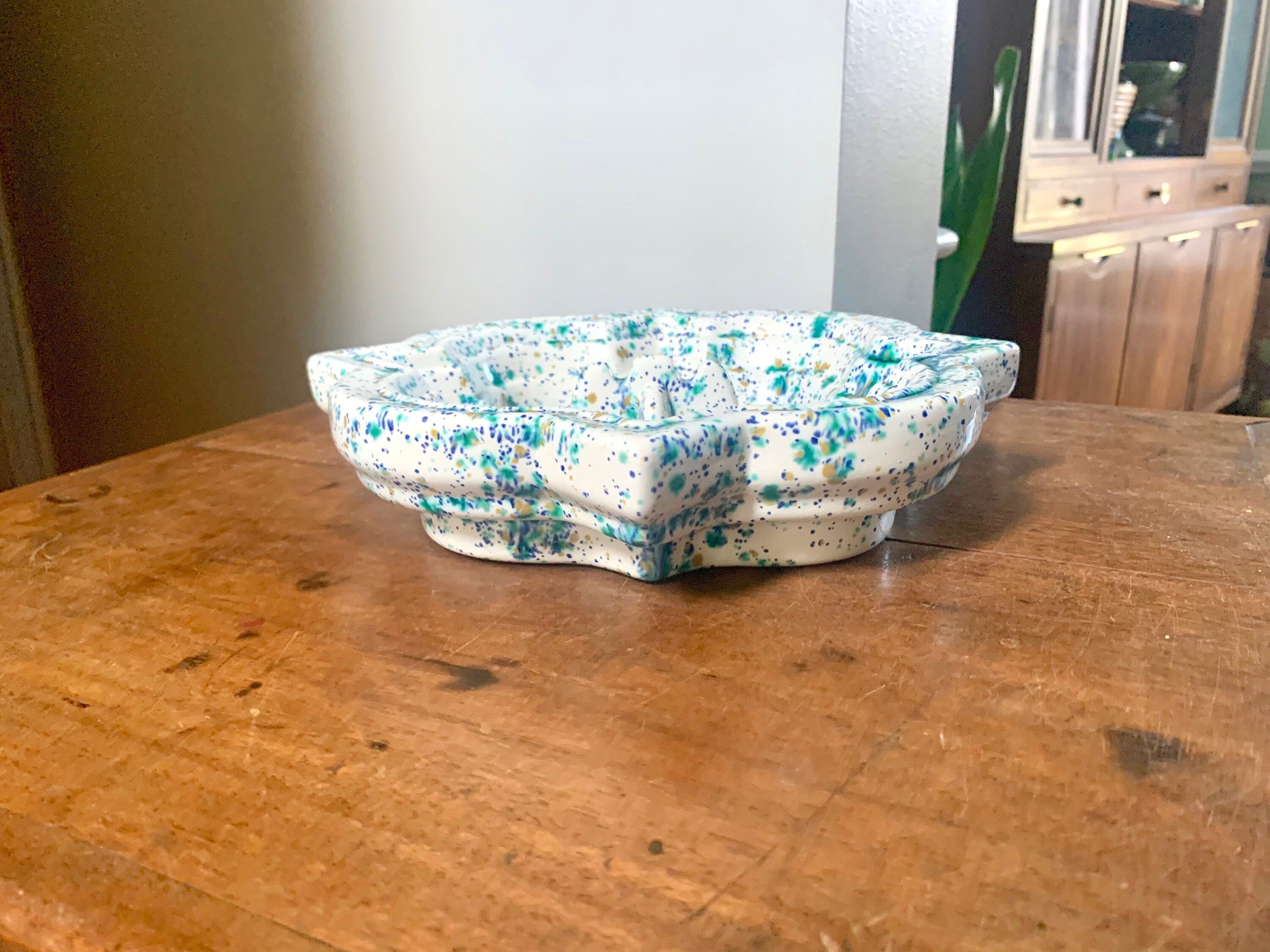 Mid Century Speckled Turquoise Ceramic Ashtray | Ceramic Ashtray | Retro Change Tray | Mid Century Modern Ceramic Dish | MCM Ashtray