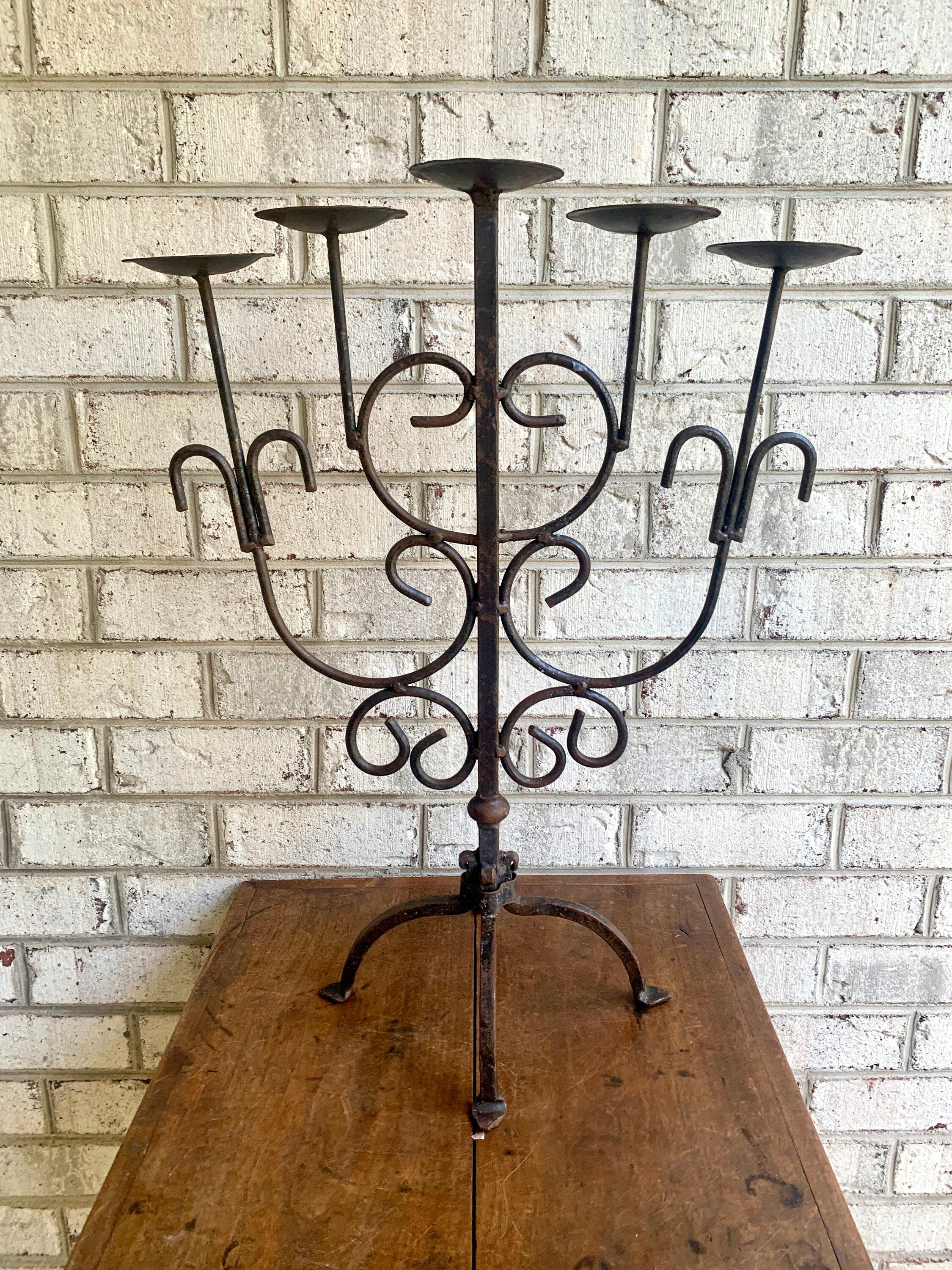 Antique Iron Candelabra | Primitive Candle Holder | Rustic Wrought Iron Candelabra | Medieval 5 Tier Centerpiece