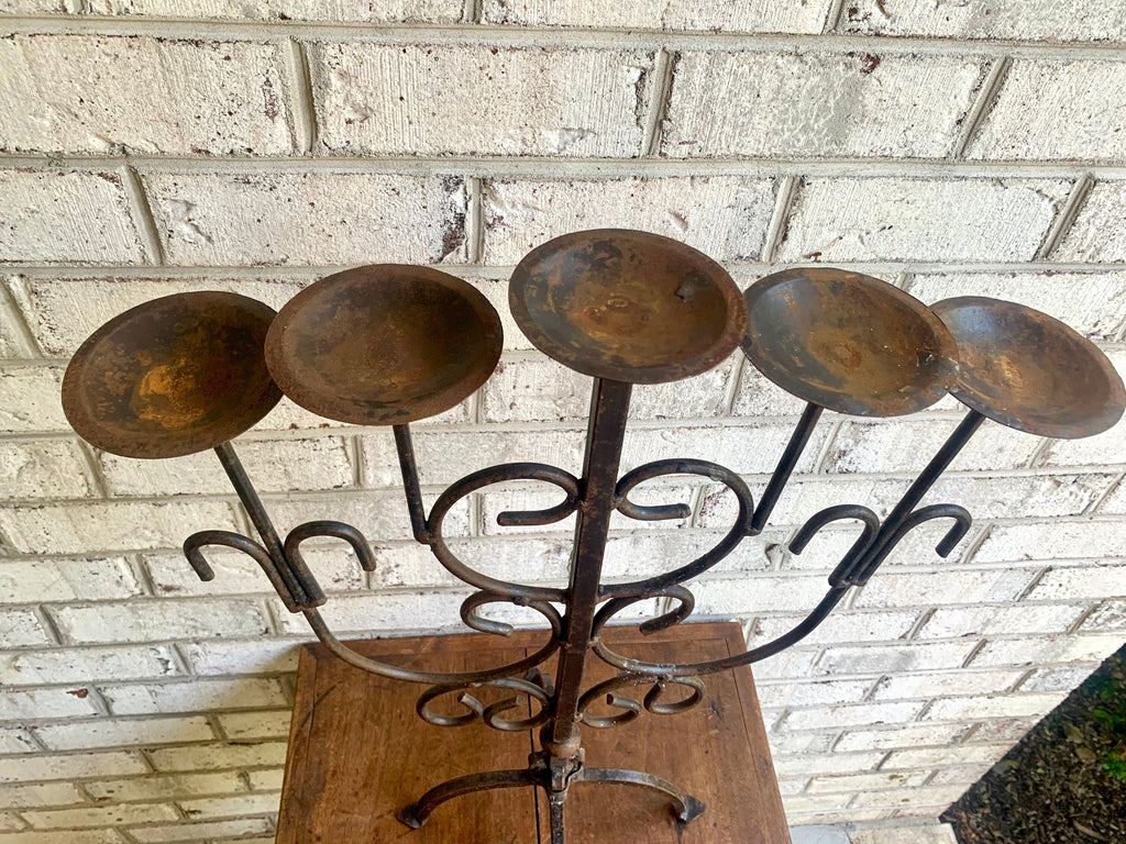 Antique Iron Candelabra | Primitive Candle Holder | Rustic Wrought Iron Candelabra | Medieval 5 Tier Centerpiece