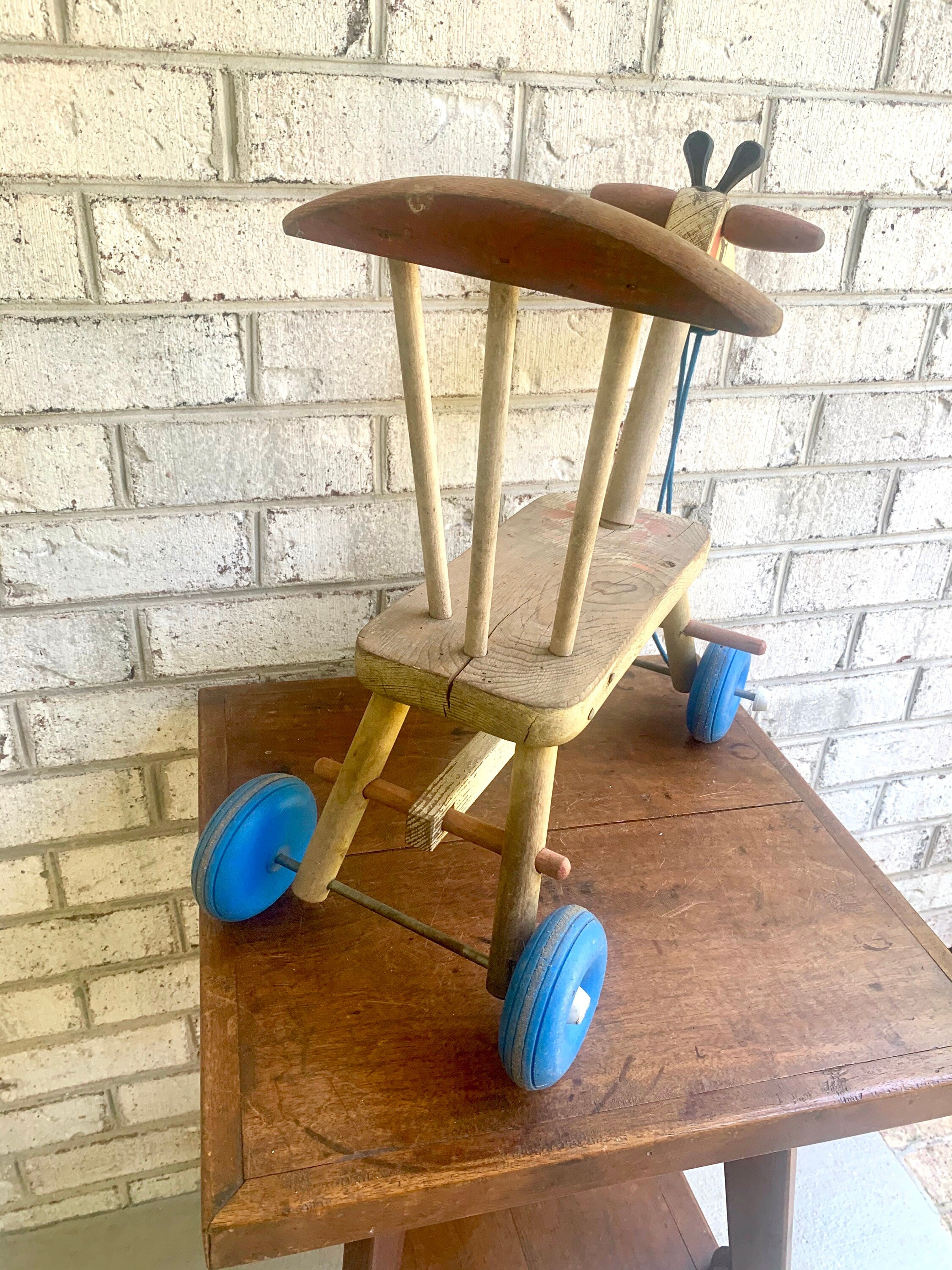 Vintage Wood Riding Giraffe | Rustic Wooden Giraffe Riding Toy | Distressed Playskool Wood Riding Toy | Giraffe Ride On Toy | Giraffe Pull Toy