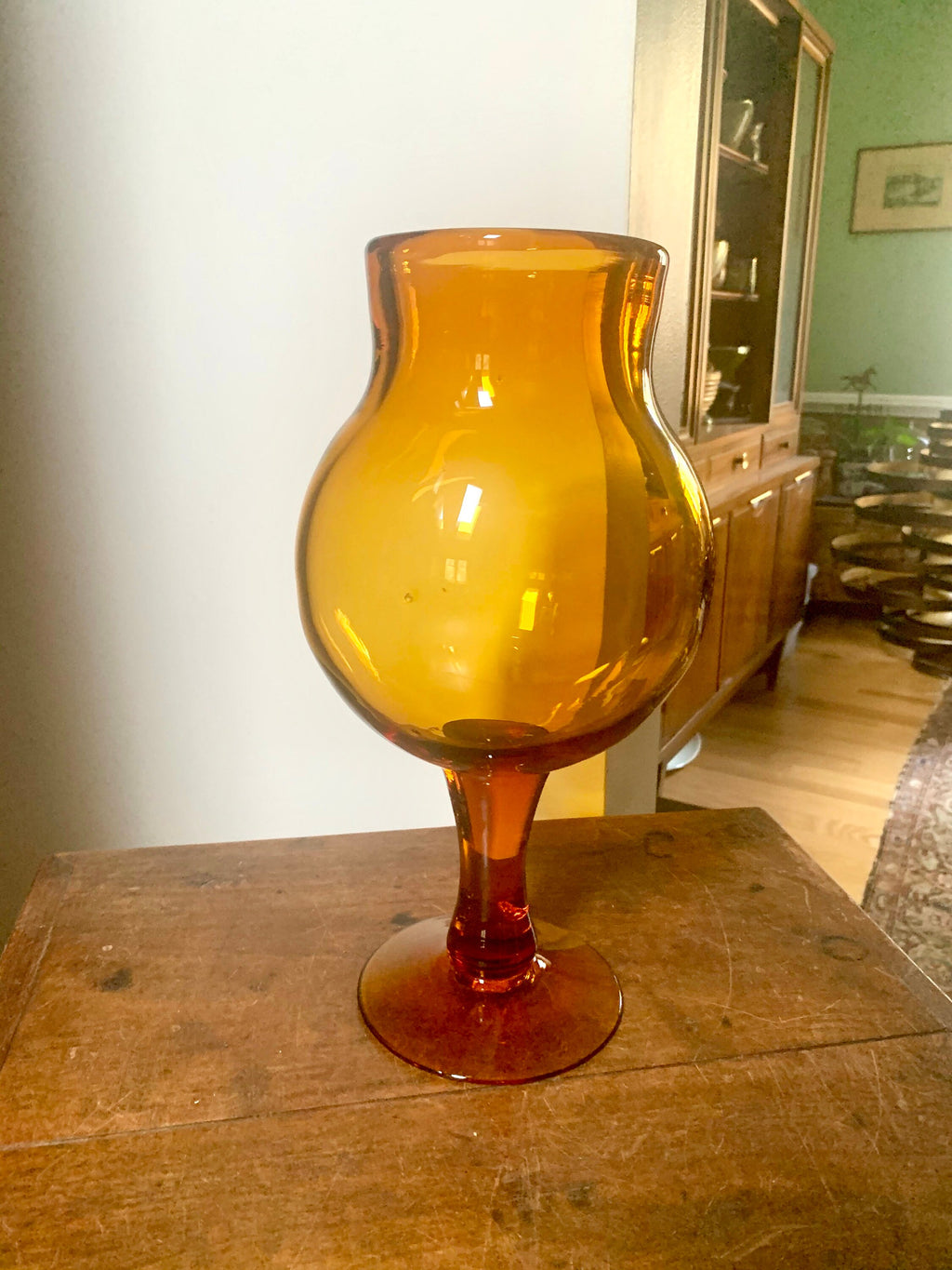 Large Amber Glass Vase | Vintage Thick Blenko Glass Vase | Large 14" Amber Pedestal Vase | Mid Century Modern Amber Vase | Handblown Glass