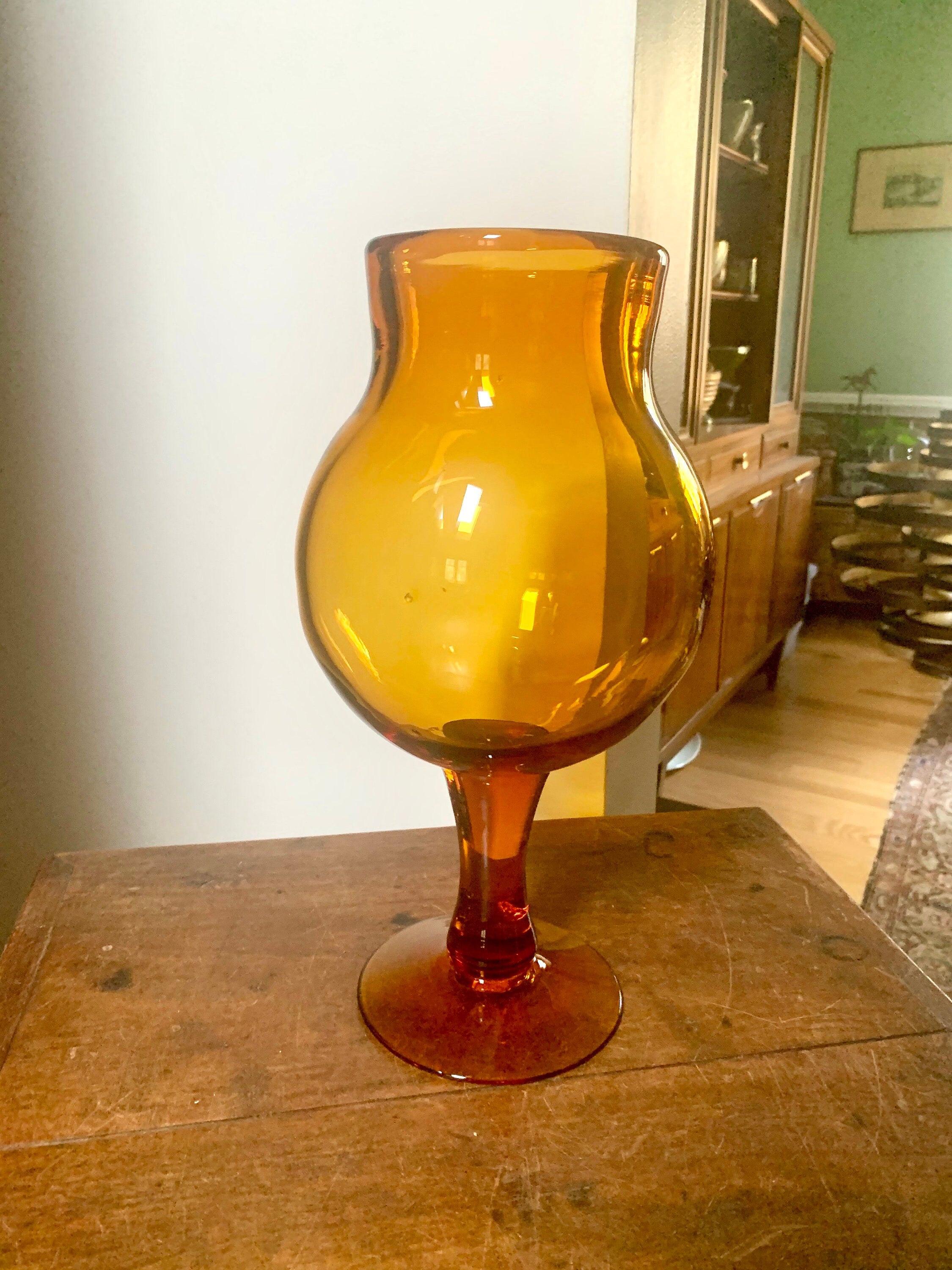 Large Amber Glass Vase | Vintage Thick Blenko Glass Vase | Large 14" Amber Pedestal Vase | Mid Century Modern Amber Vase | Handblown Glass