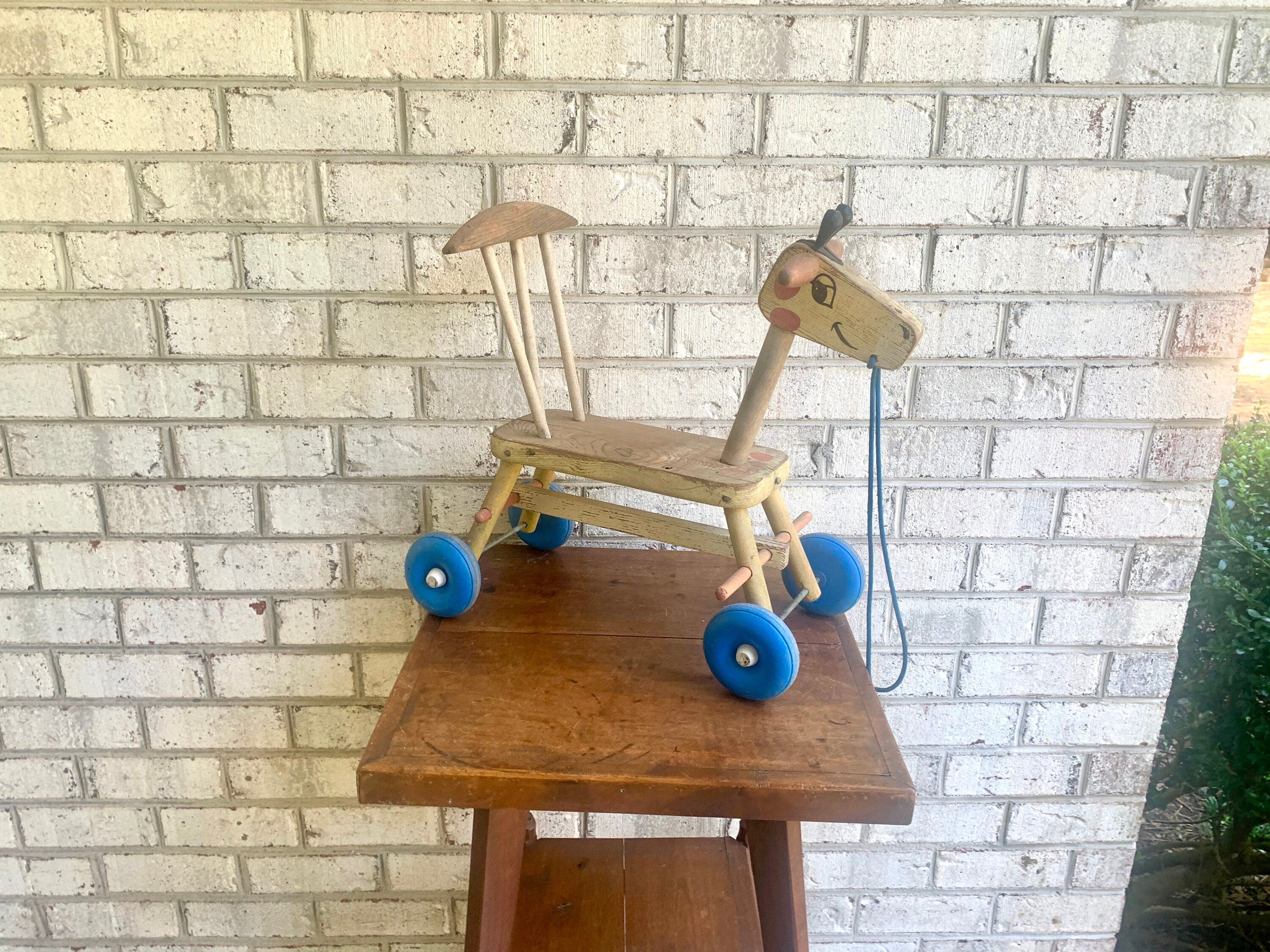 Vintage Wood Riding Giraffe | Rustic Wooden Giraffe Riding Toy | Distressed Playskool Wood Riding Toy | Giraffe Ride On Toy | Giraffe Pull Toy