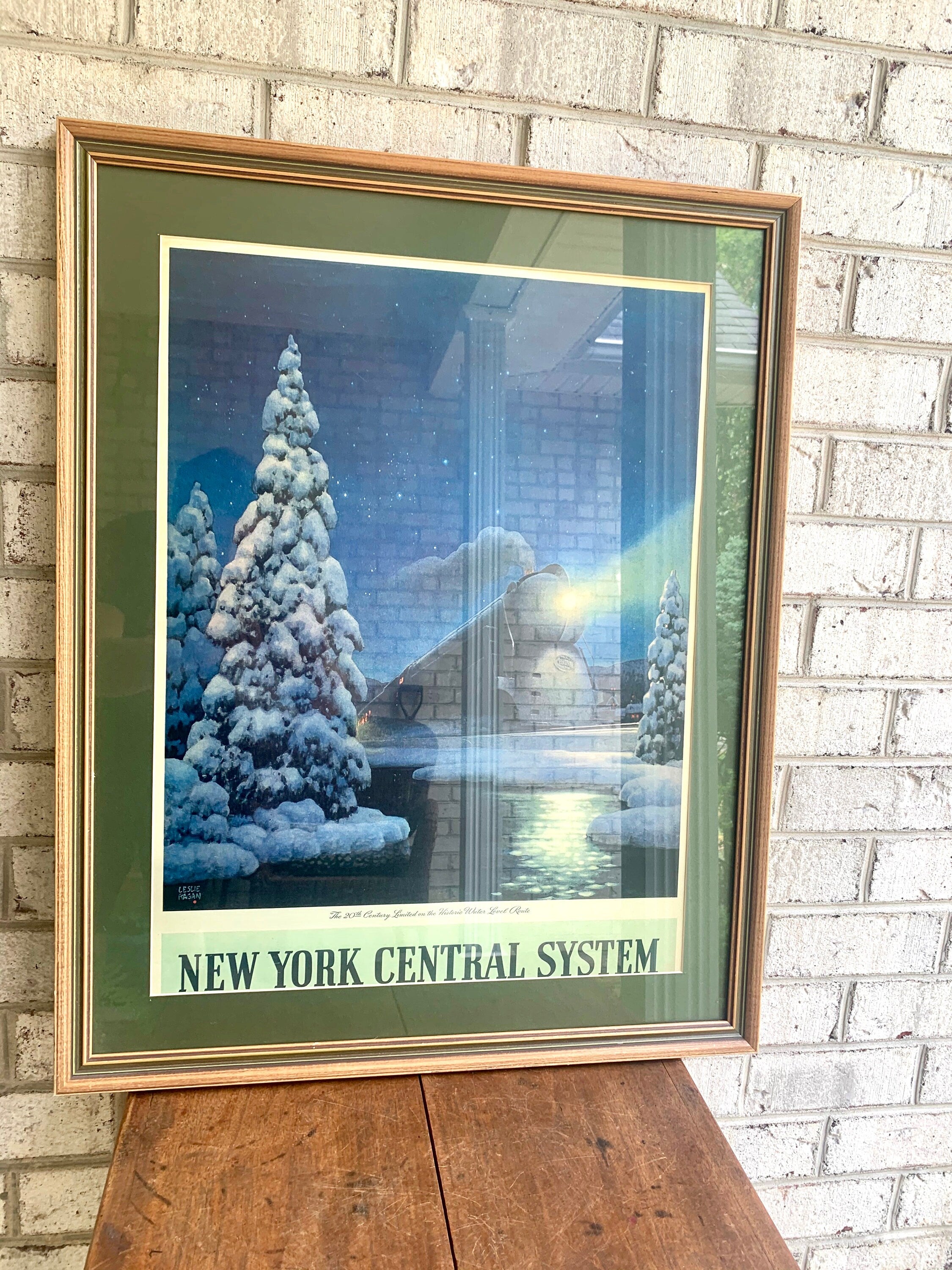 Leslie Ragan Winter Train Print | New York Central System Print | Winter Train Print | Vintage Framed and Matted Leslie Ragan Print | Christmas Decor