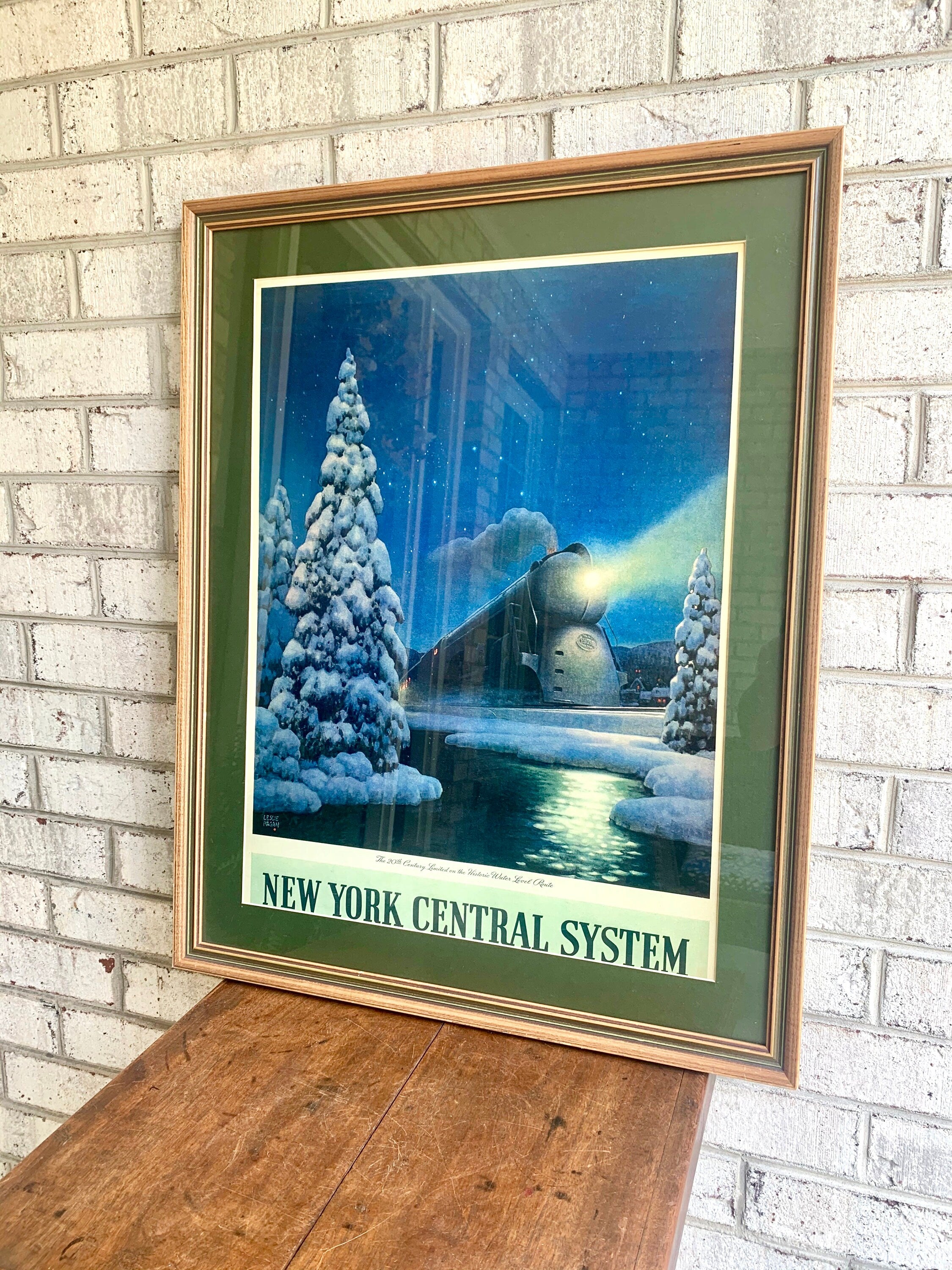 Leslie Ragan Winter Train Print | New York Central System Print | Winter Train Print | Vintage Framed and Matted Leslie Ragan Print | Christmas Decor