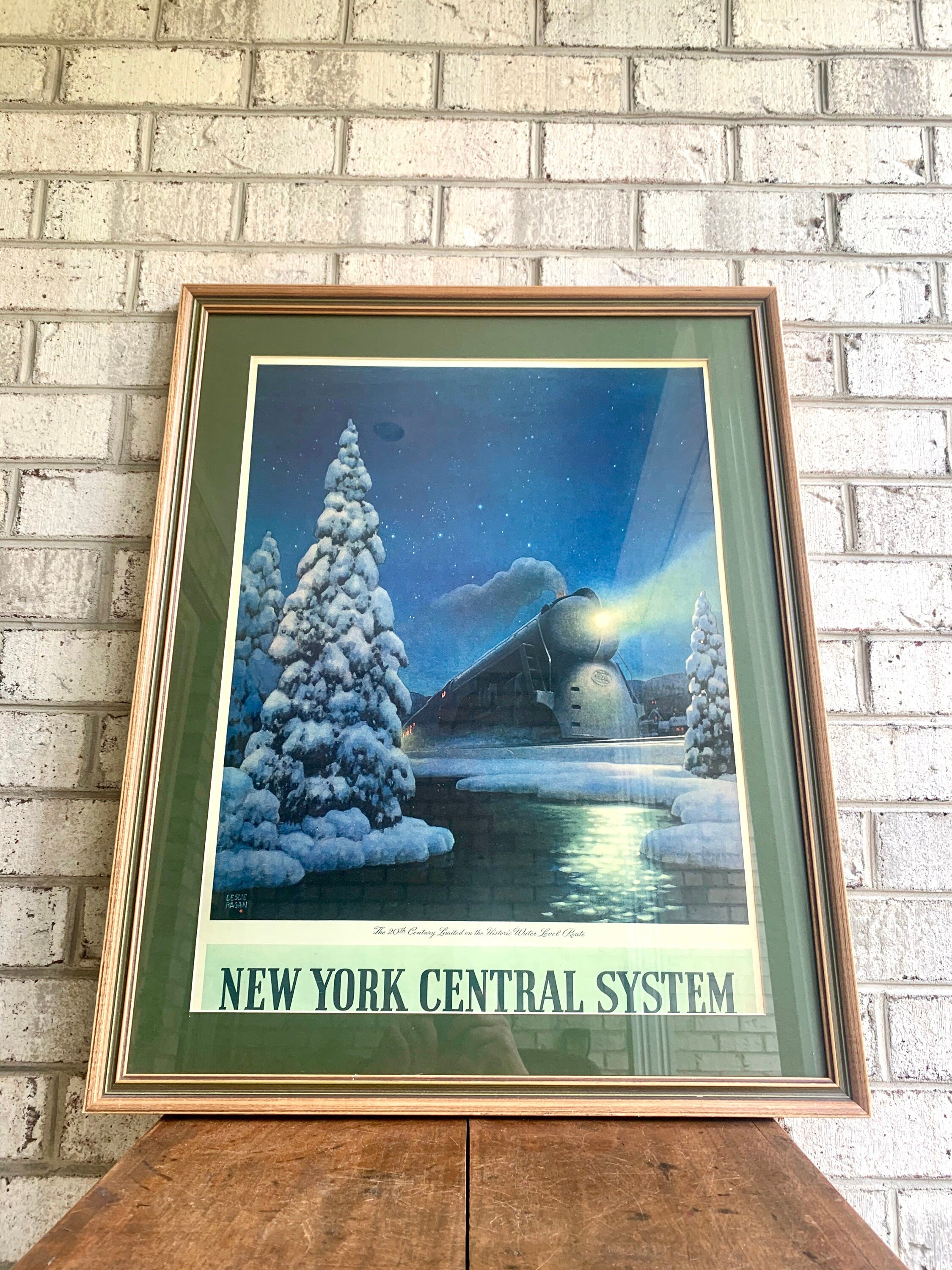 Leslie Ragan Winter Train Print | New York Central System Print | Winter Train Print | Vintage Framed and Matted Leslie Ragan Print | Christmas Decor