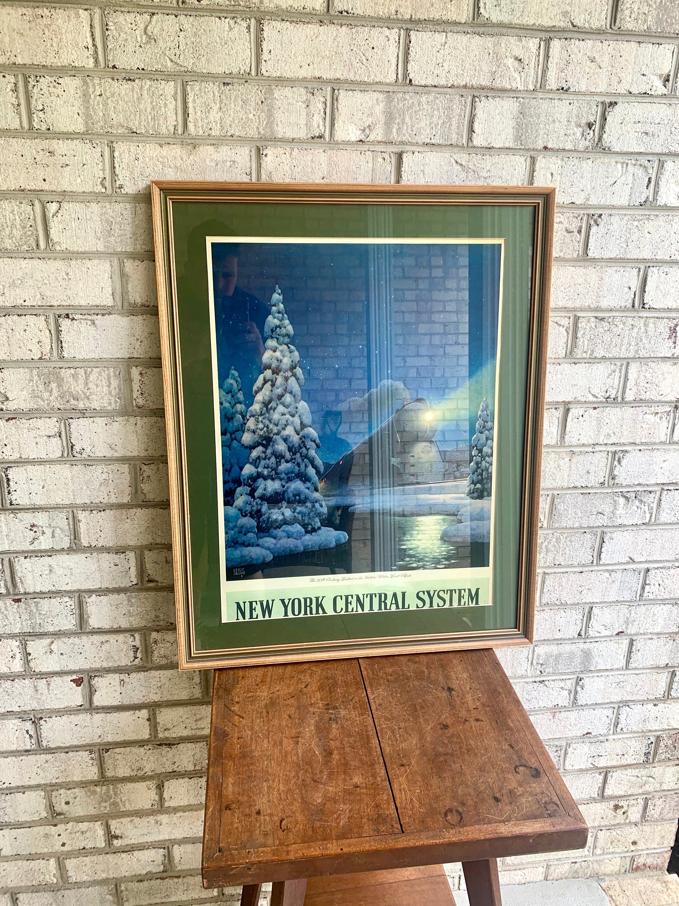 Leslie Ragan Winter Train Print | New York Central System Print | Winter Train Print | Vintage Framed and Matted Leslie Ragan Print | Christmas Decor