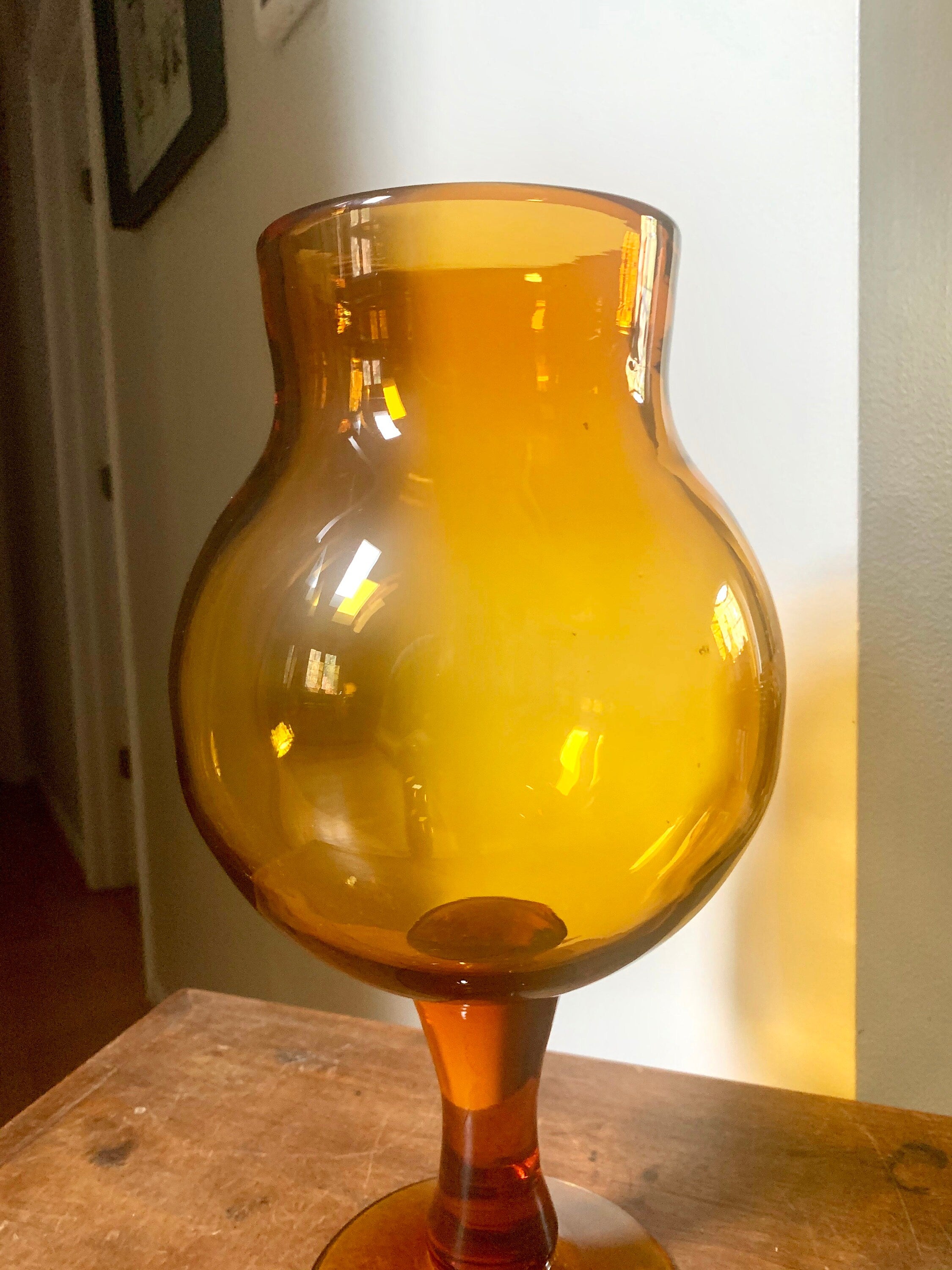 Large Amber Glass Vase | Vintage Thick Blenko Glass Vase | Large 14" Amber Pedestal Vase | Mid Century Modern Amber Vase | Handblown Glass
