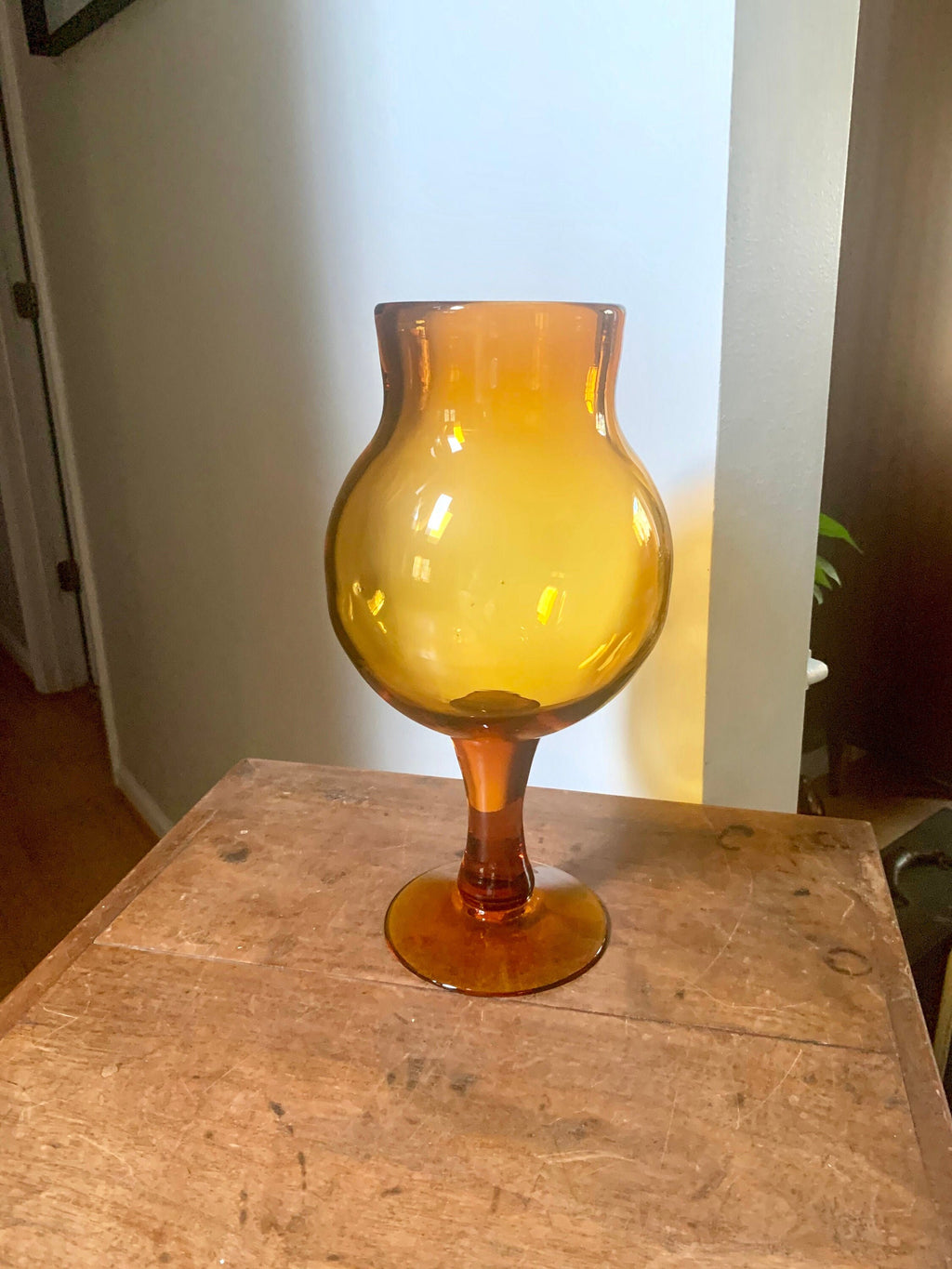 Large Amber Glass Vase | Vintage Thick Blenko Glass Vase | Large 14" Amber Pedestal Vase | Mid Century Modern Amber Vase | Handblown Glass