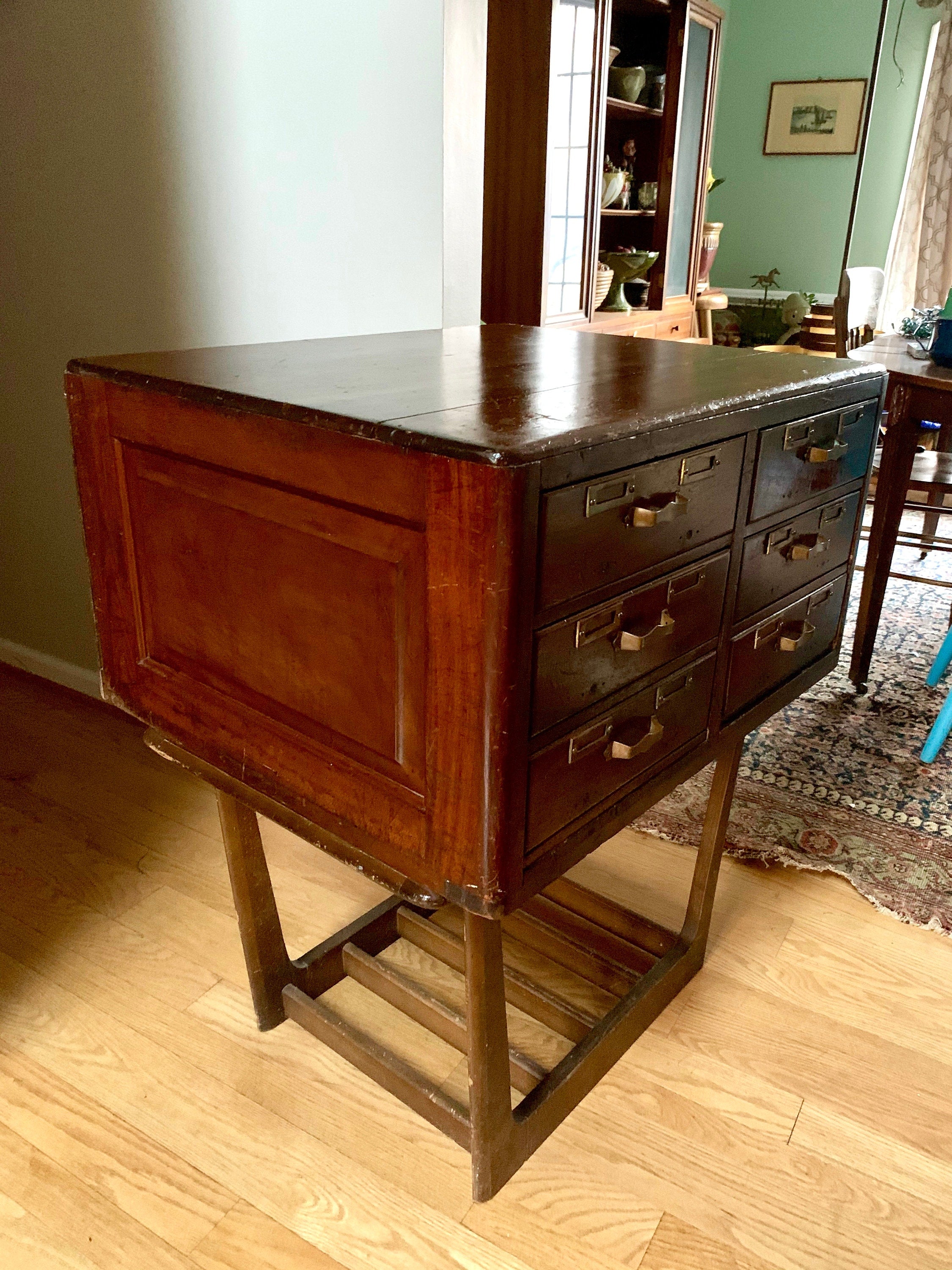 Antique Wooden Card Catalog | 6 Drawer Wood Cabinet | Rustic Storage Cabinet | Library Card Catalog