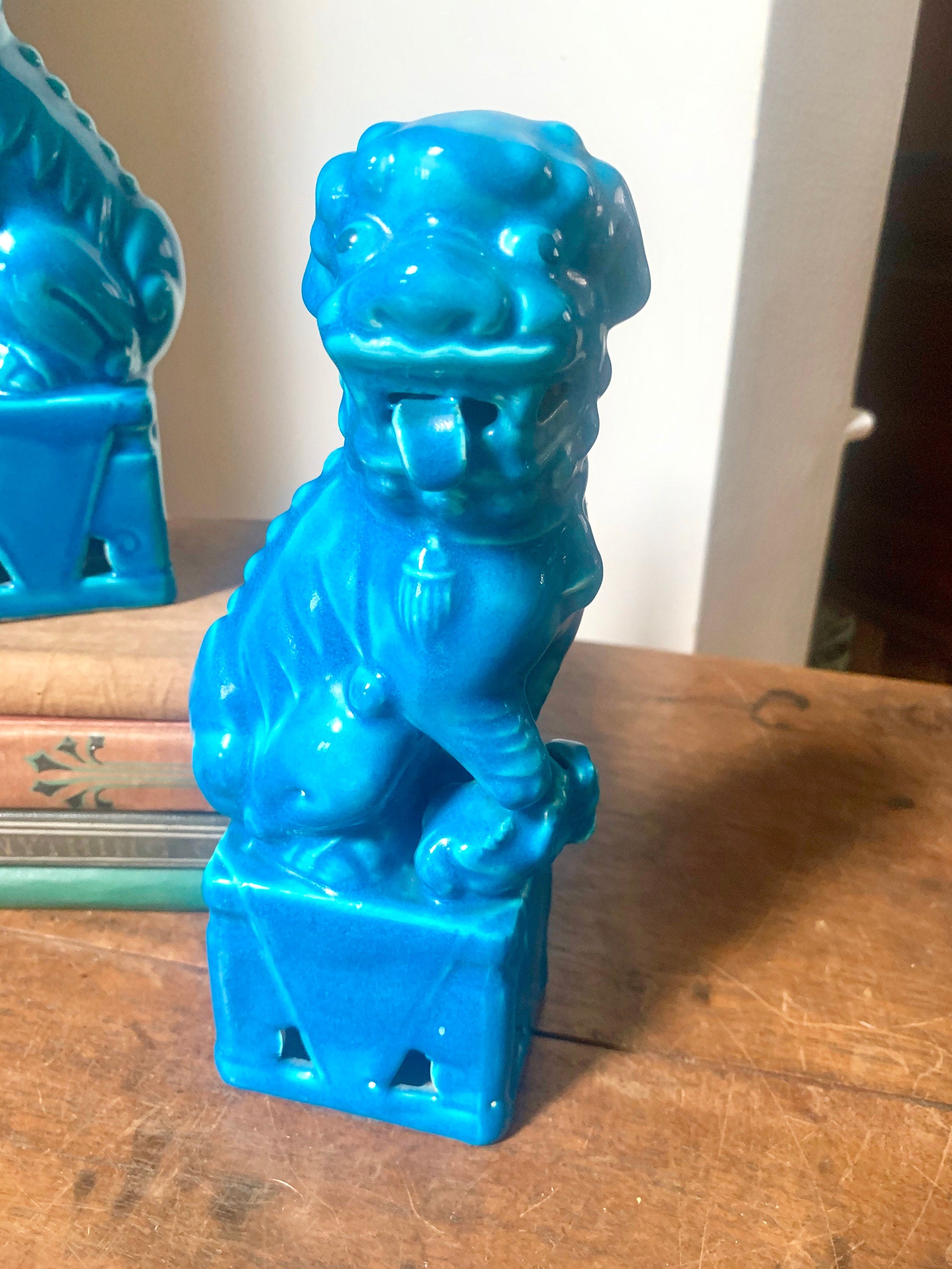 A Vtg Pair of Chinese Fu Dogs | Turquoise Foo Dogs | Fu Lion Statues | Porcelain Temple Lion Dogs | 8" Asian Guardian Lions