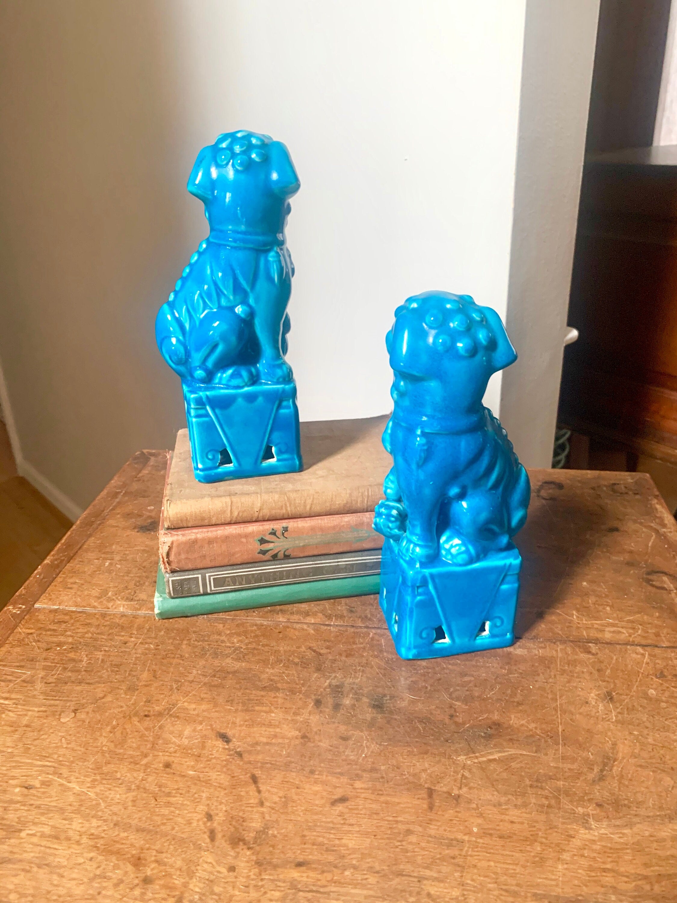 A Vtg Pair of Chinese Fu Dogs | Turquoise Foo Dogs | Fu Lion Statues | Porcelain Temple Lion Dogs | 8" Asian Guardian Lions