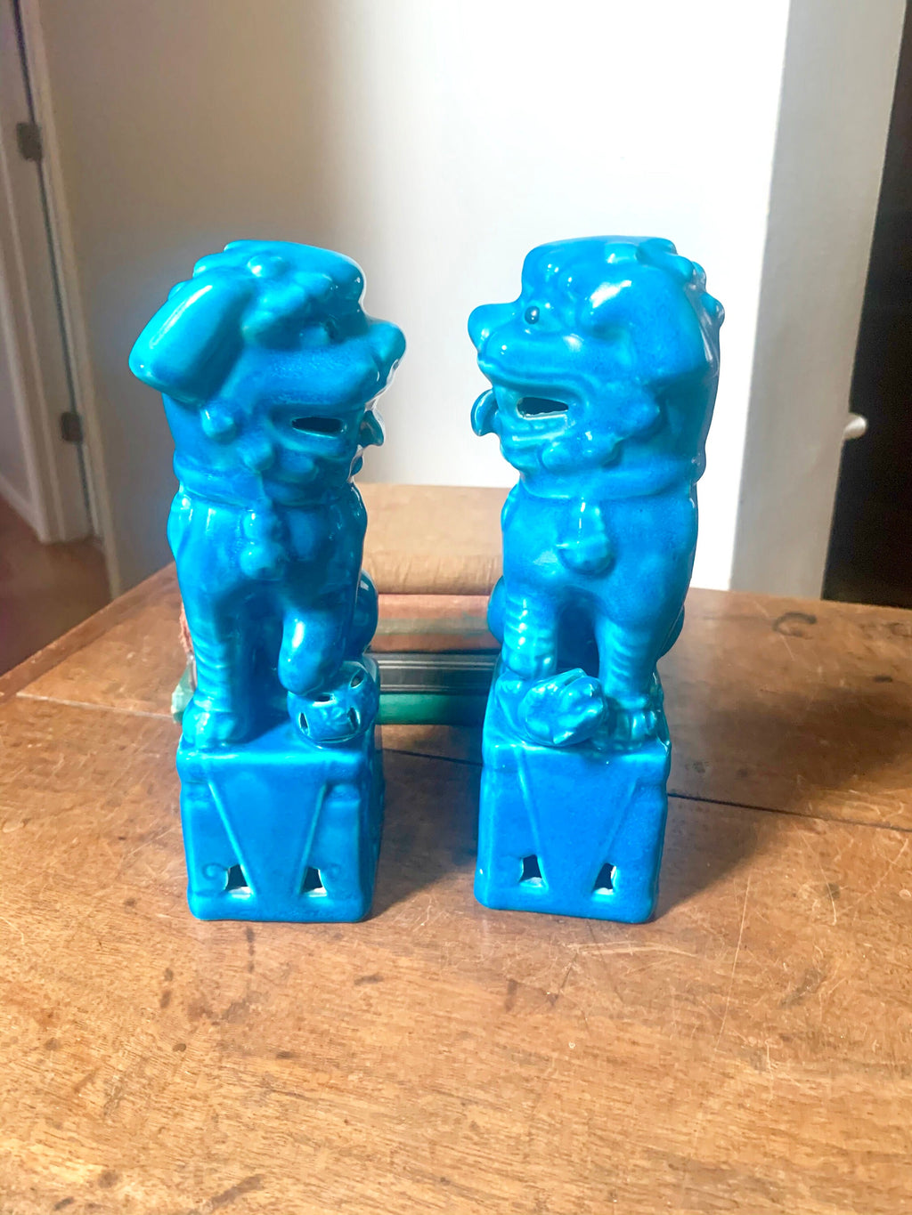 A Vtg Pair of Chinese Fu Dogs | Turquoise Foo Dogs | Fu Lion Statues | Porcelain Temple Lion Dogs | 8" Asian Guardian Lions