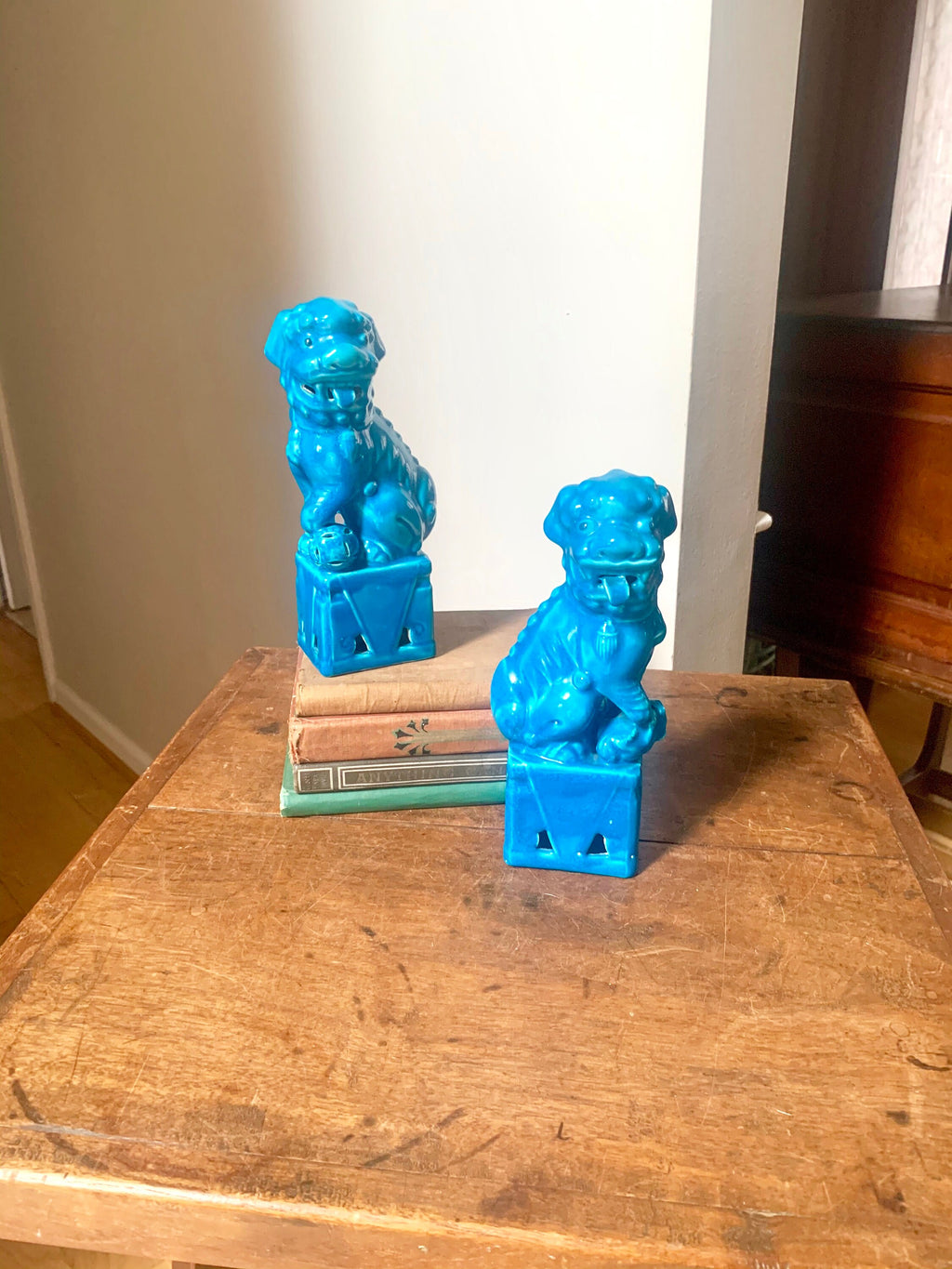 A Vtg Pair of Chinese Fu Dogs | Turquoise Foo Dogs | Fu Lion Statues | Porcelain Temple Lion Dogs | 8" Asian Guardian Lions