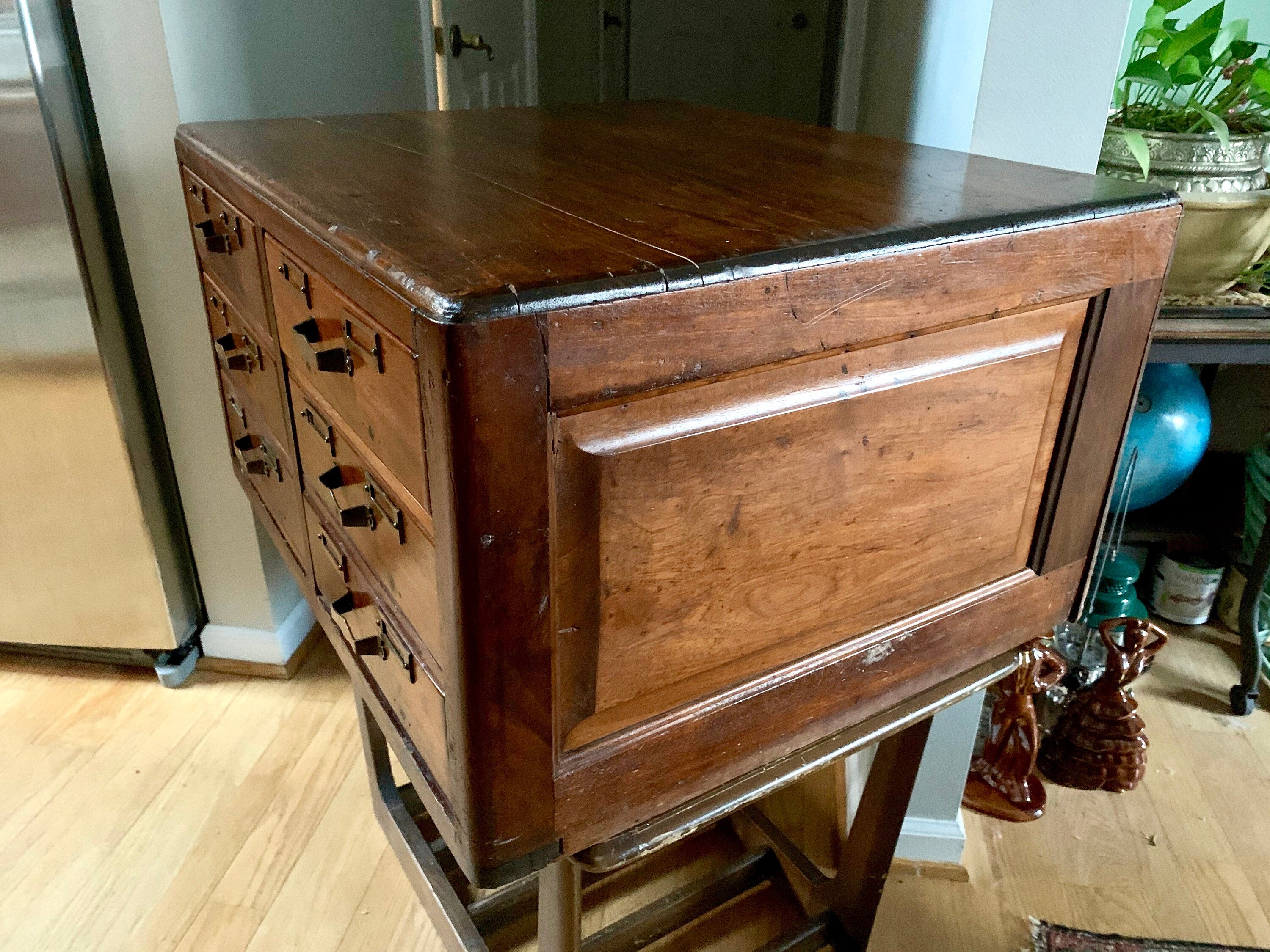 Antique Wooden Card Catalog | 6 Drawer Wood Cabinet | Rustic Storage Cabinet | Library Card Catalog
