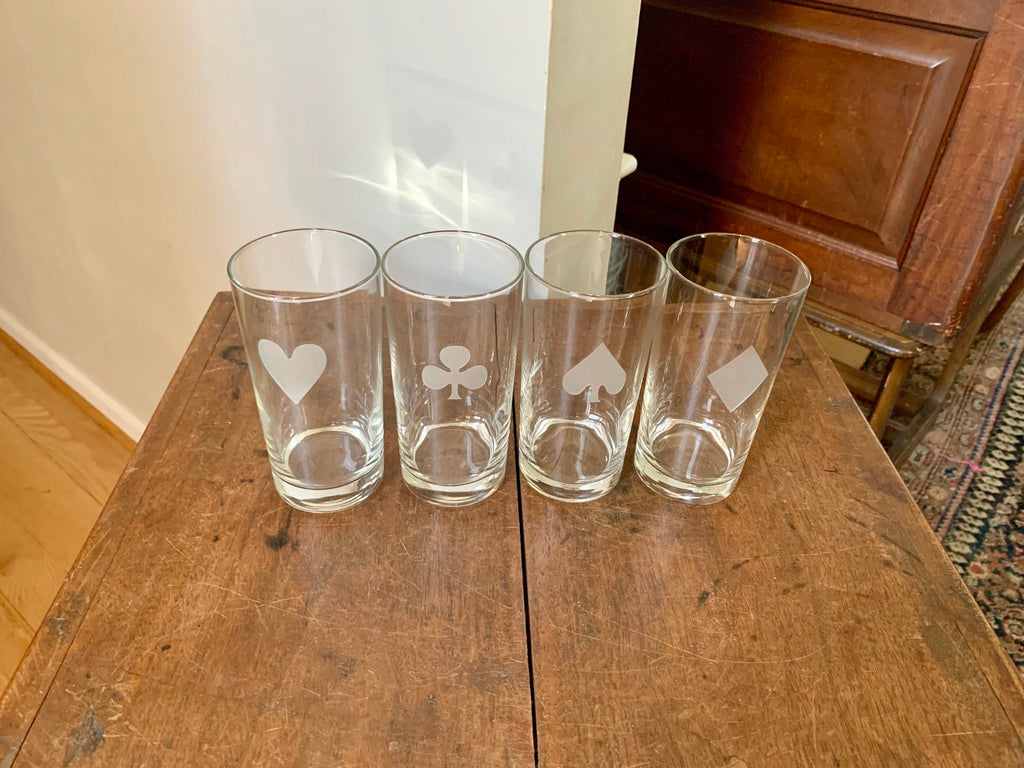 A Vintage Set of Card Suit Highball Glasses | Mid Century Modern Etched Glass Card Suit Drinking Glasses | Barware Game Night Glasses