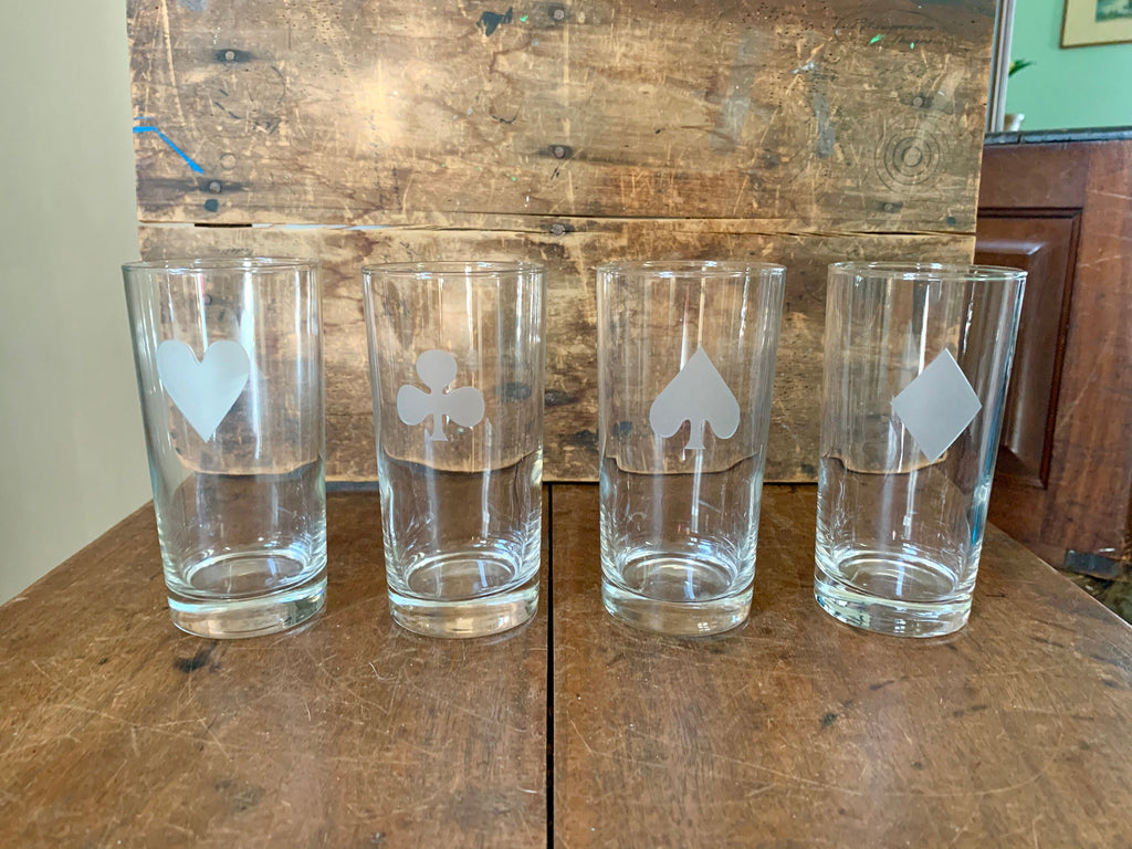 A Vintage Set of Card Suit Highball Glasses | Mid Century Modern Etched Glass Card Suit Drinking Glasses | Barware Game Night Glasses