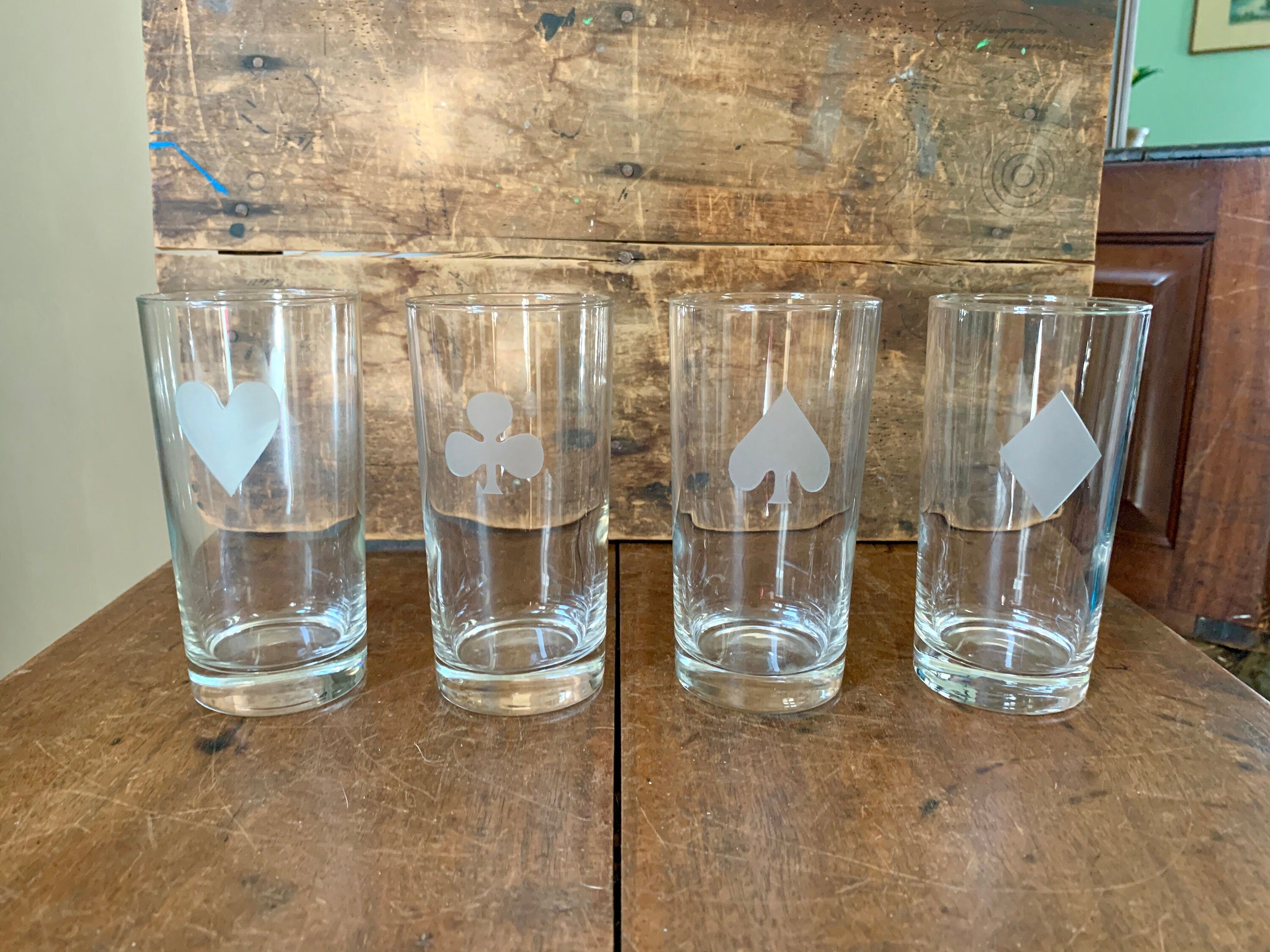 A Vintage Set of Card Suit Highball Glasses | Mid Century Modern Etched Glass Card Suit Drinking Glasses | Barware Game Night Glasses