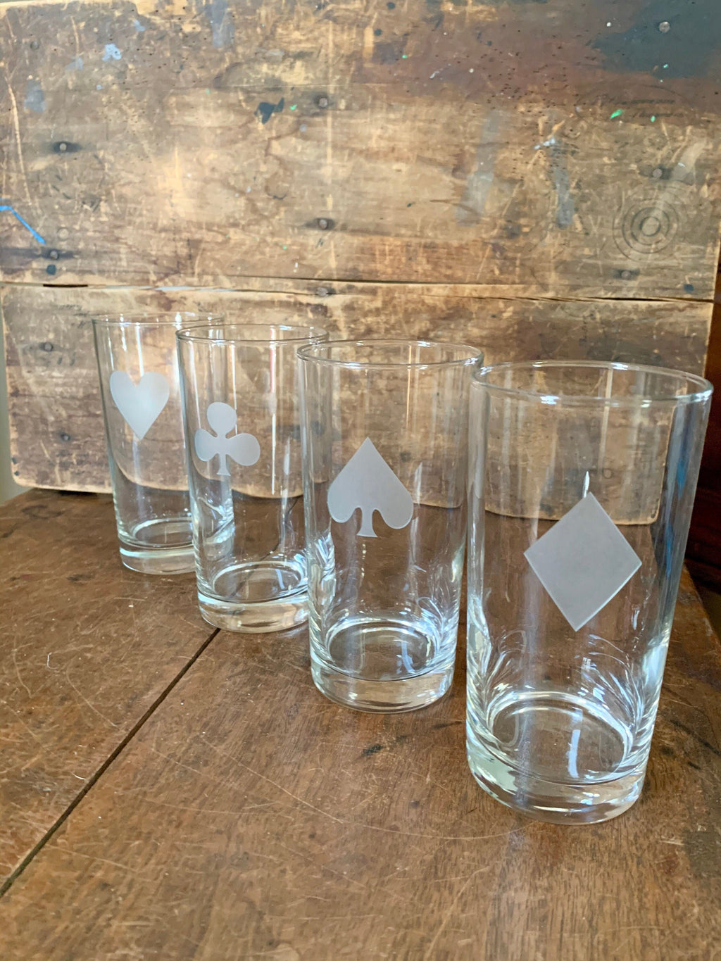 A Vintage Set of Card Suit Highball Glasses | Mid Century Modern Etched Glass Card Suit Drinking Glasses | Barware Game Night Glasses