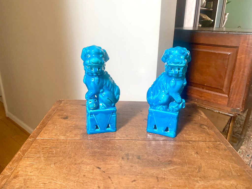 A Vtg Pair of Chinese Fu Dogs | Turquoise Foo Dogs | Fu Lion Statues | Porcelain Temple Lion Dogs | 8" Asian Guardian Lions