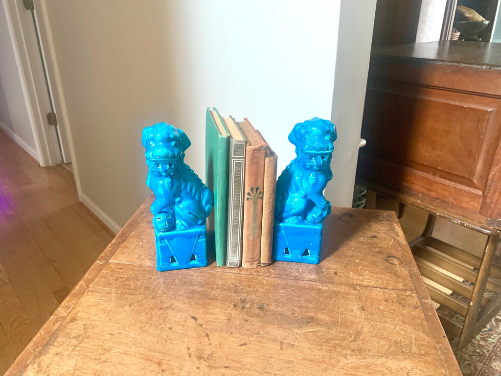 A Vtg Pair of Chinese Fu Dogs | Turquoise Foo Dogs | Fu Lion Statues | Porcelain Temple Lion Dogs | 8" Asian Guardian Lions