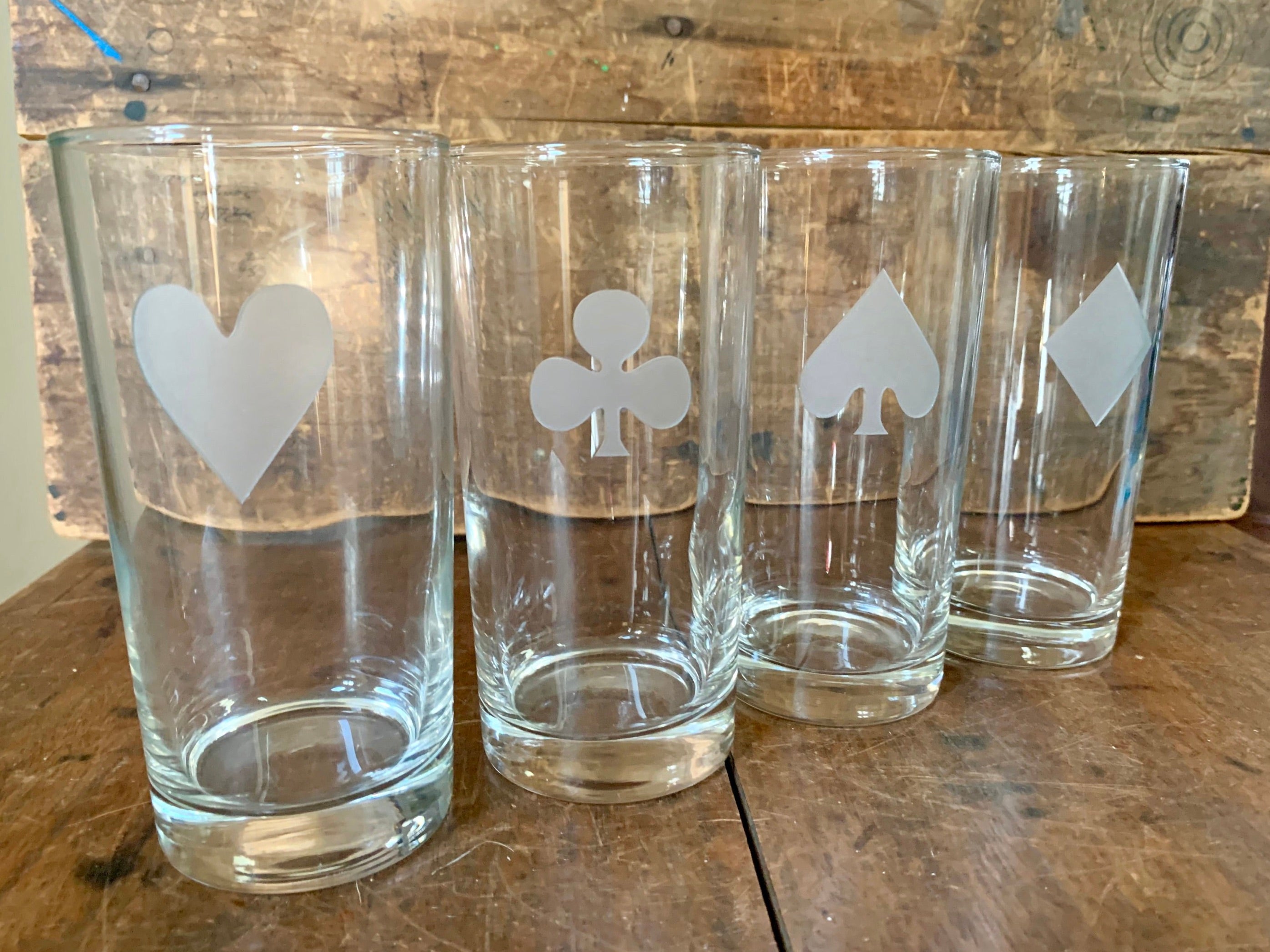 A Vintage Set of Card Suit Highball Glasses | Mid Century Modern Etched Glass Card Suit Drinking Glasses | Barware Game Night Glasses