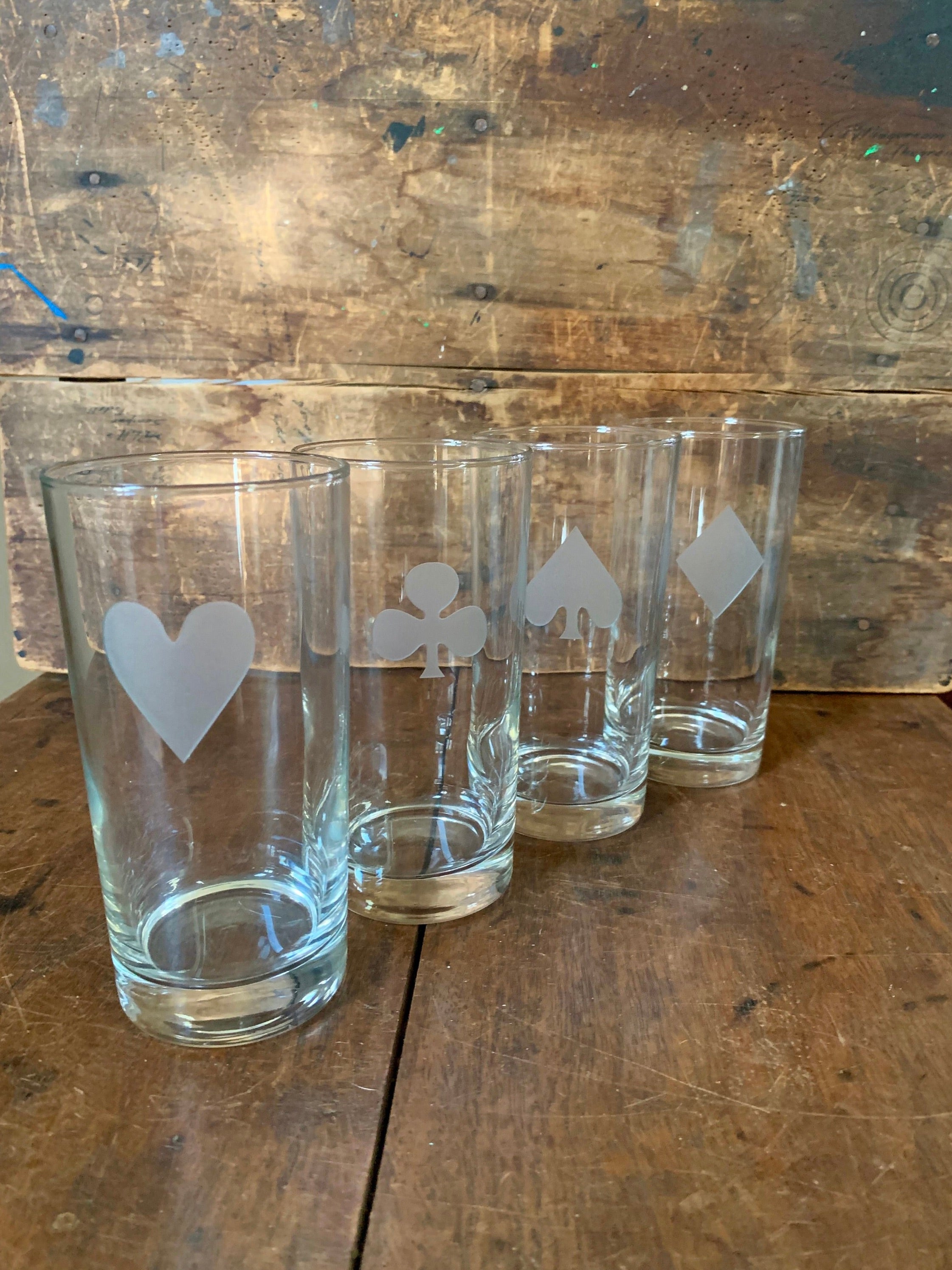 A Vintage Set of Card Suit Highball Glasses | Mid Century Modern Etched Glass Card Suit Drinking Glasses | Barware Game Night Glasses