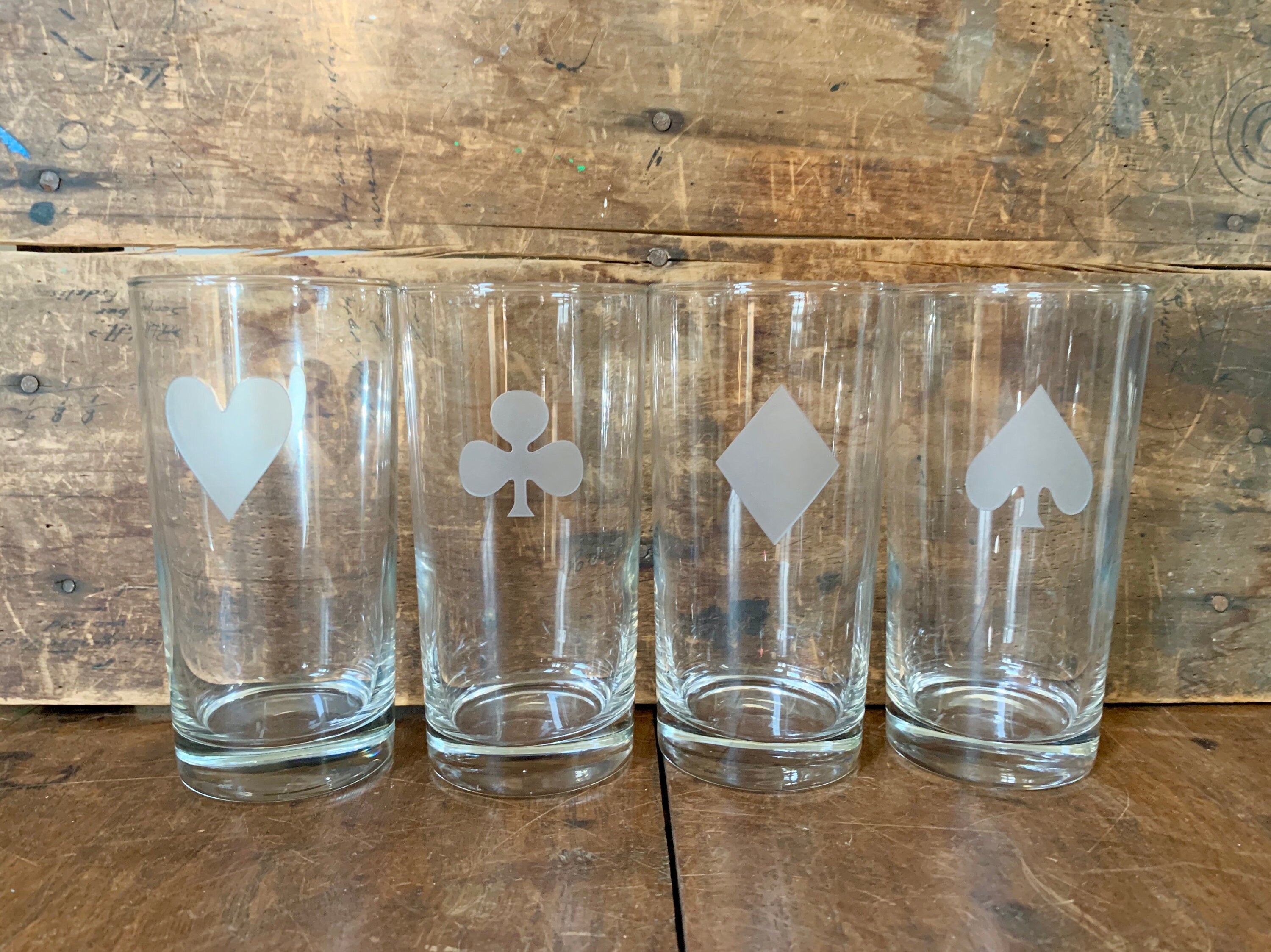 A Vintage Set of Card Suit Highball Glasses | Mid Century Modern Etched Glass Card Suit Drinking Glasses | Barware Game Night Glasses