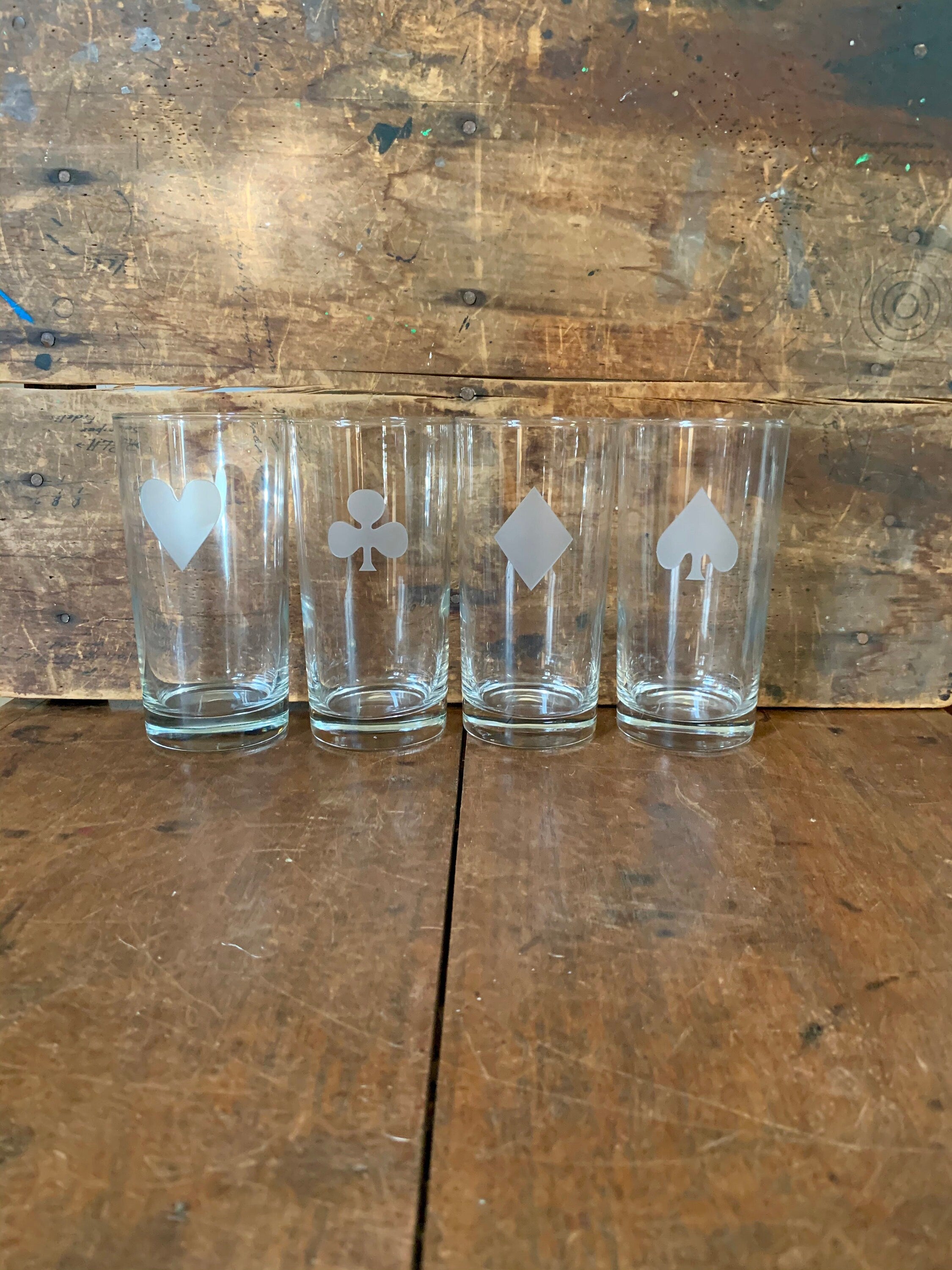 A Vintage Set of Card Suit Highball Glasses | Mid Century Modern Etched Glass Card Suit Drinking Glasses | Barware Game Night Glasses