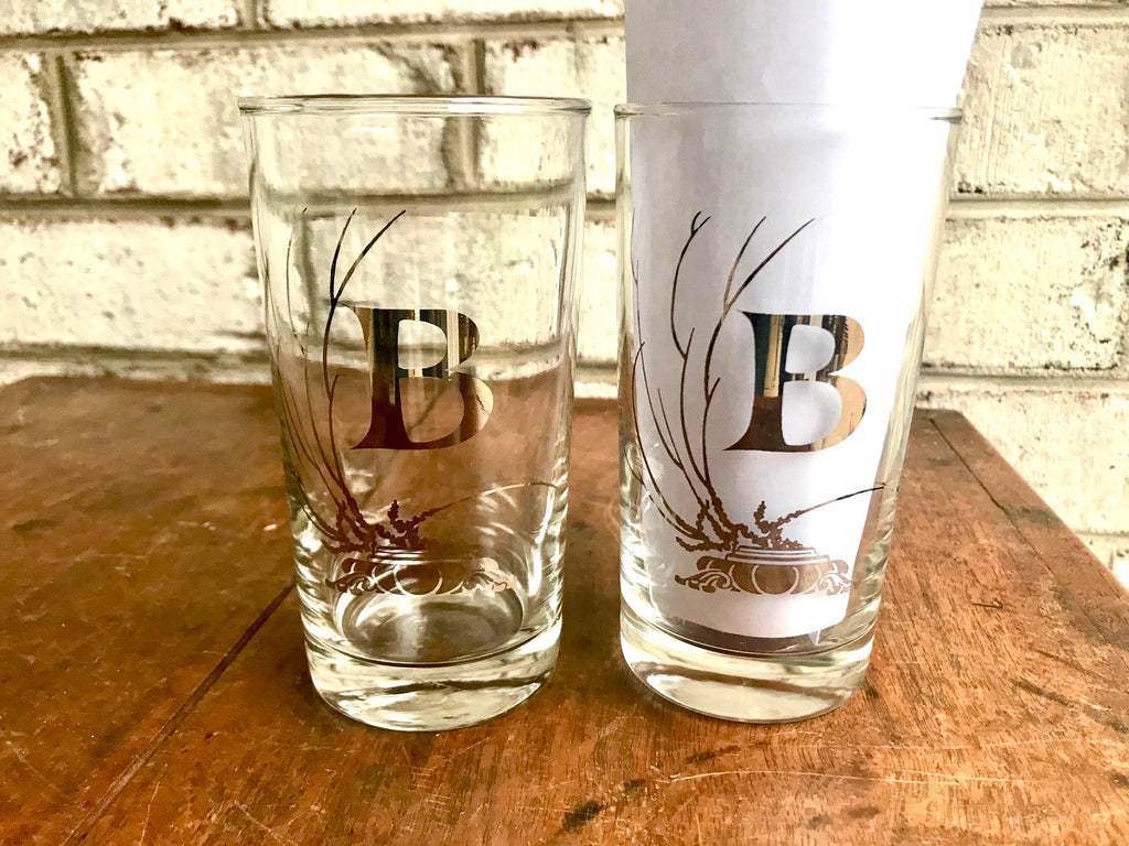 Vtg Set of 2 MCM Glasses | "B" High Ball Glasses | Silver "B" Monogrammed Tumbler Glasses | Initial B Glasses