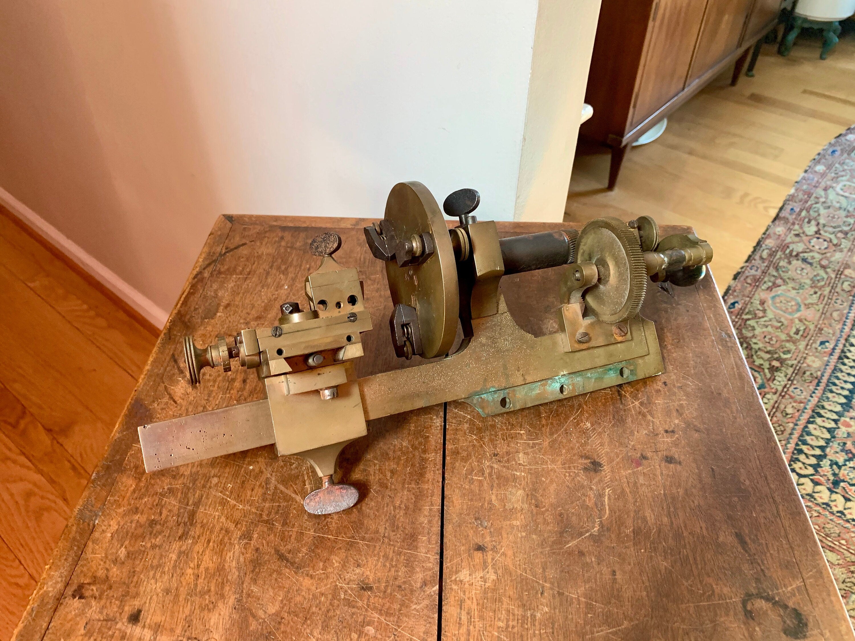 Vtg Solid Brass Jeweler Lather | Brass Watchmakers Lather | Brass Jewelry Bench Lathe | Jeweler's Mandrel Lathe | Tabletop Brass Lathe