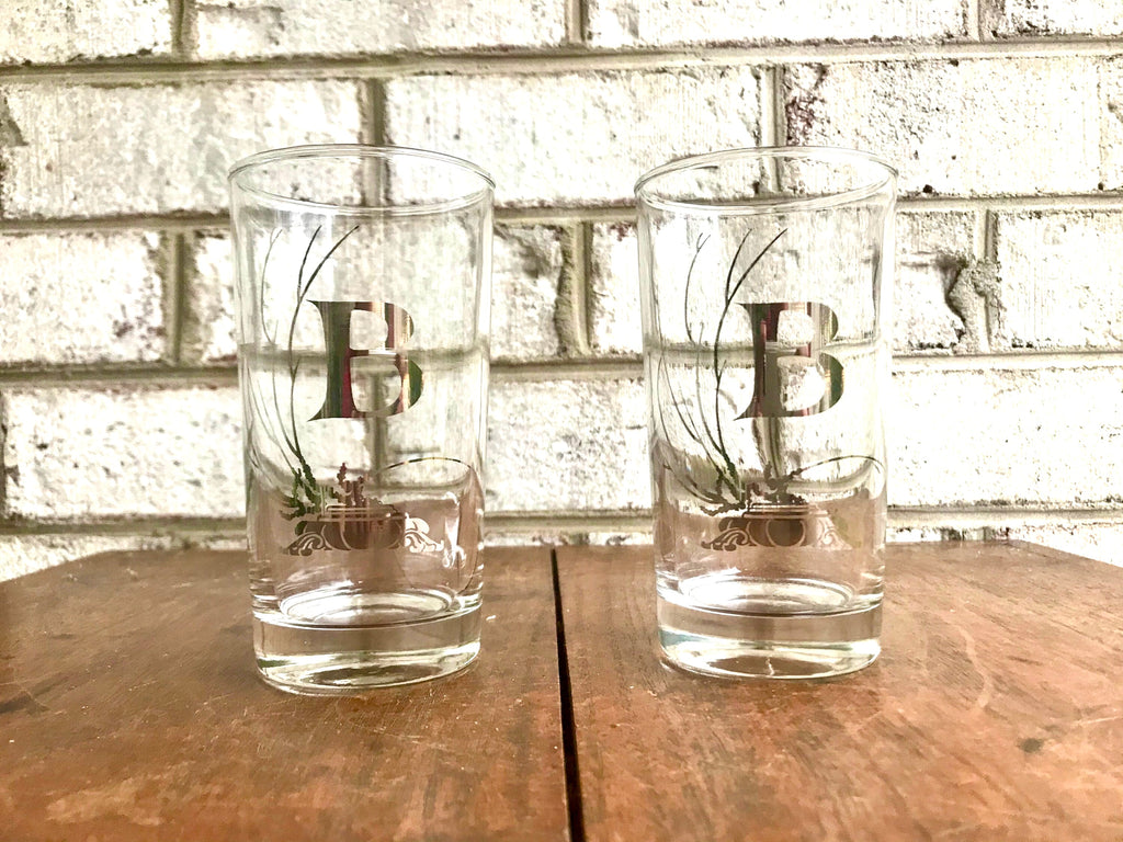 Vtg Set of 2 MCM Glasses | "B" High Ball Glasses | Silver "B" Monogrammed Tumbler Glasses | Initial B Glasses