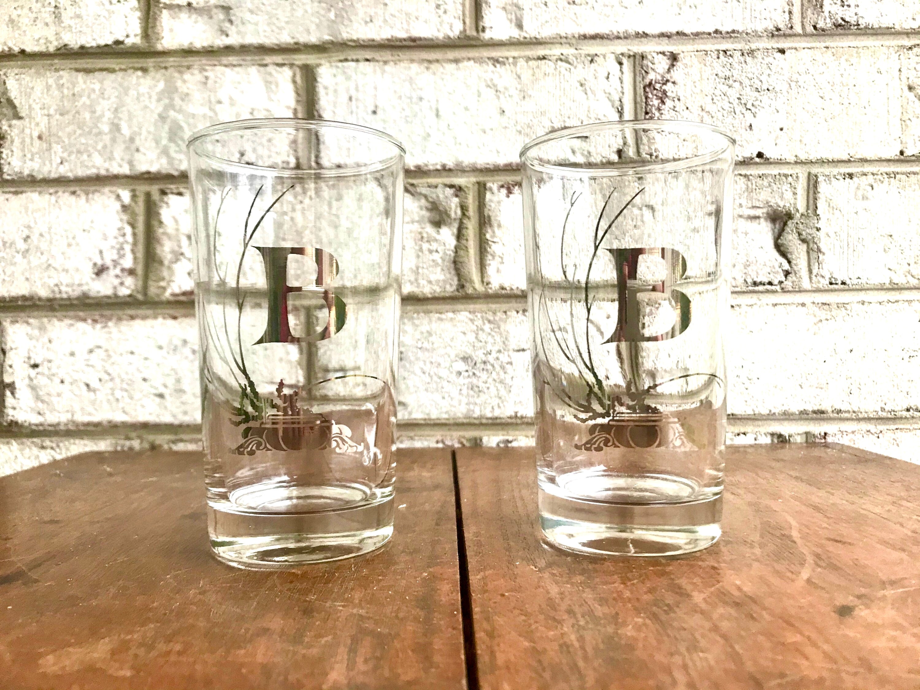 Vtg Set of 2 MCM Glasses | "B" High Ball Glasses | Silver "B" Monogrammed Tumbler Glasses | Initial B Glasses