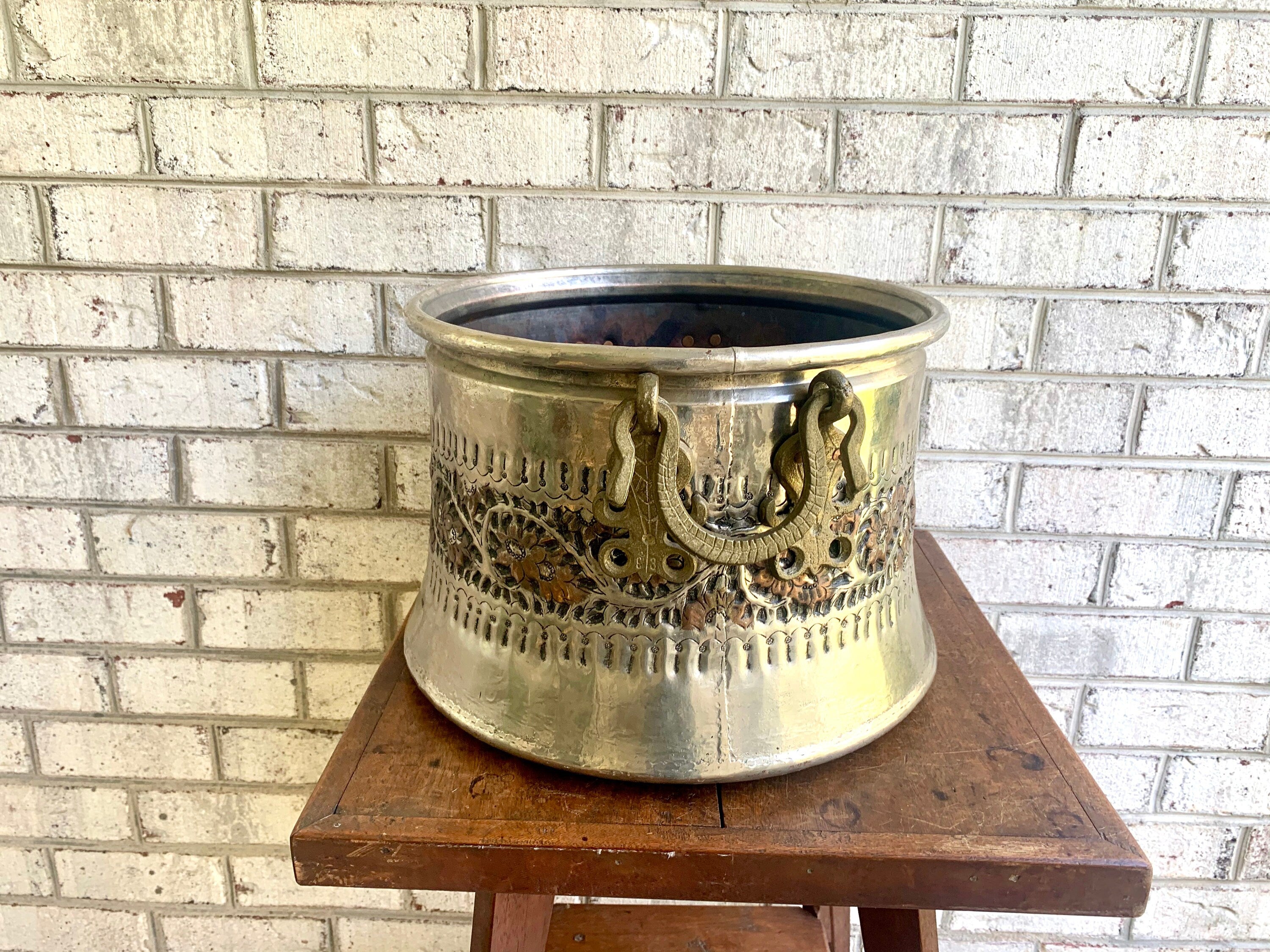 Vintage Large Nickel Plated Copper Cauldron | Turkish Nickel Plated Cauldron | Turkish Copper Nickel Plated Repousse Cauldron