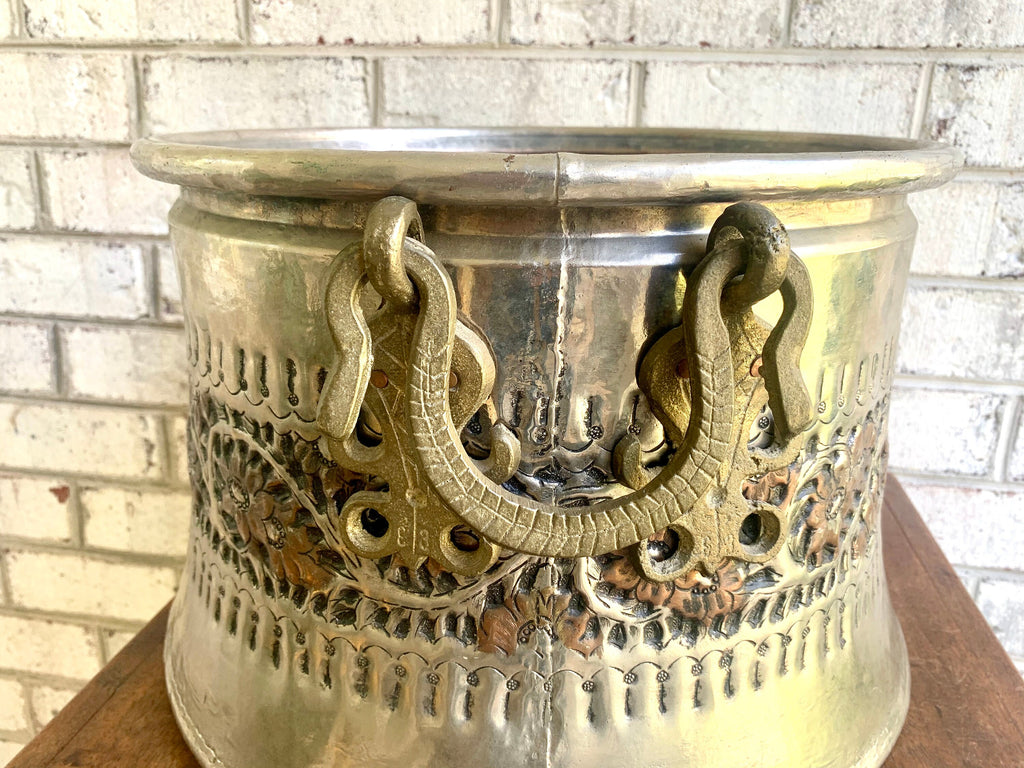 Vintage Large Nickel Plated Copper Cauldron | Turkish Nickel Plated Cauldron | Turkish Copper Nickel Plated Repousse Cauldron