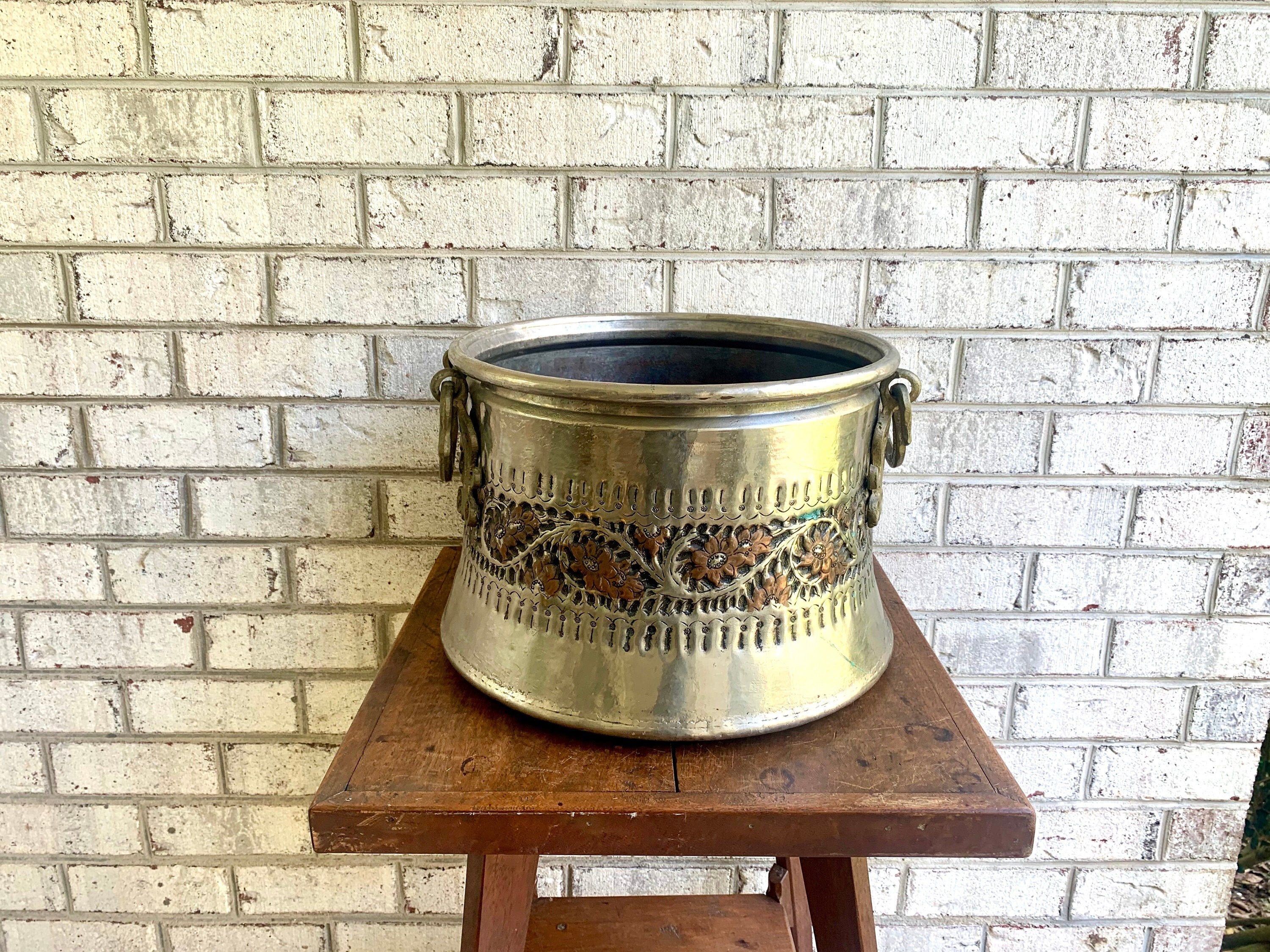 Vintage Large Nickel Plated Copper Cauldron | Turkish Nickel Plated Cauldron | Turkish Copper Nickel Plated Repousse Cauldron