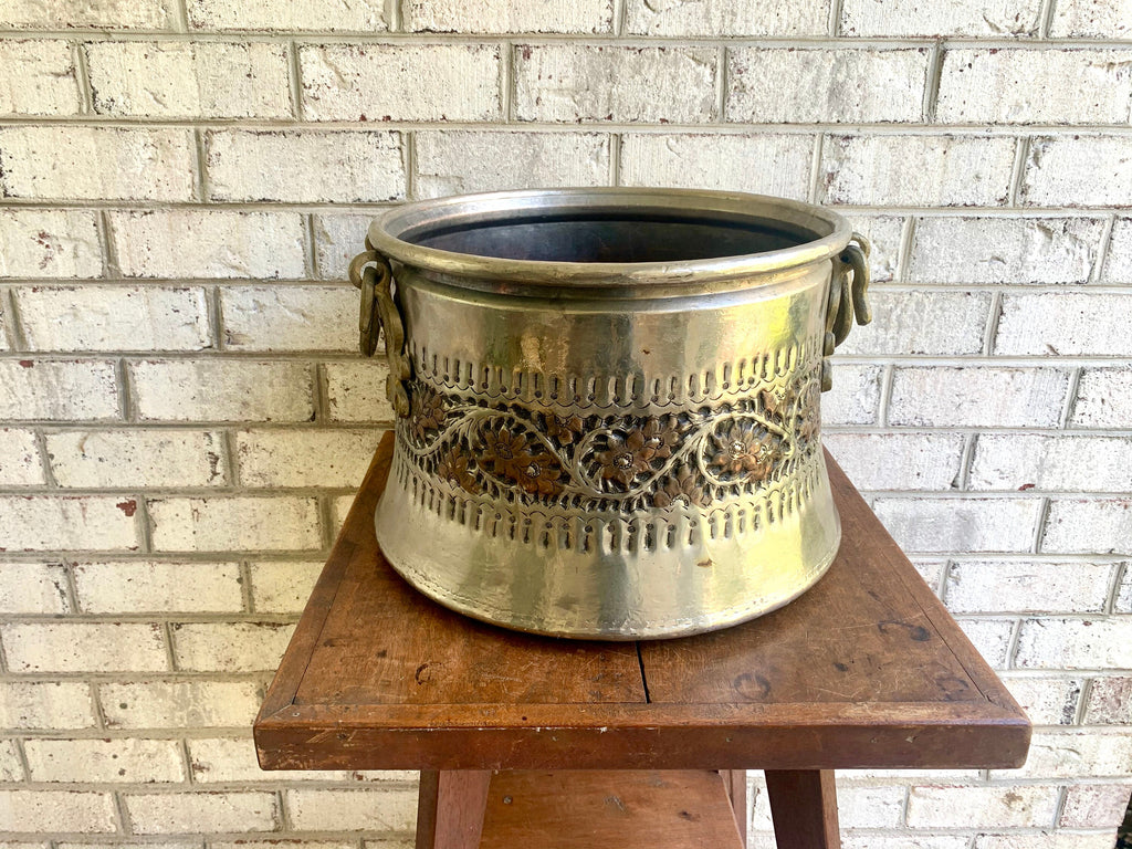 Vintage Large Nickel Plated Copper Cauldron | Turkish Nickel Plated Cauldron | Turkish Copper Nickel Plated Repousse Cauldron