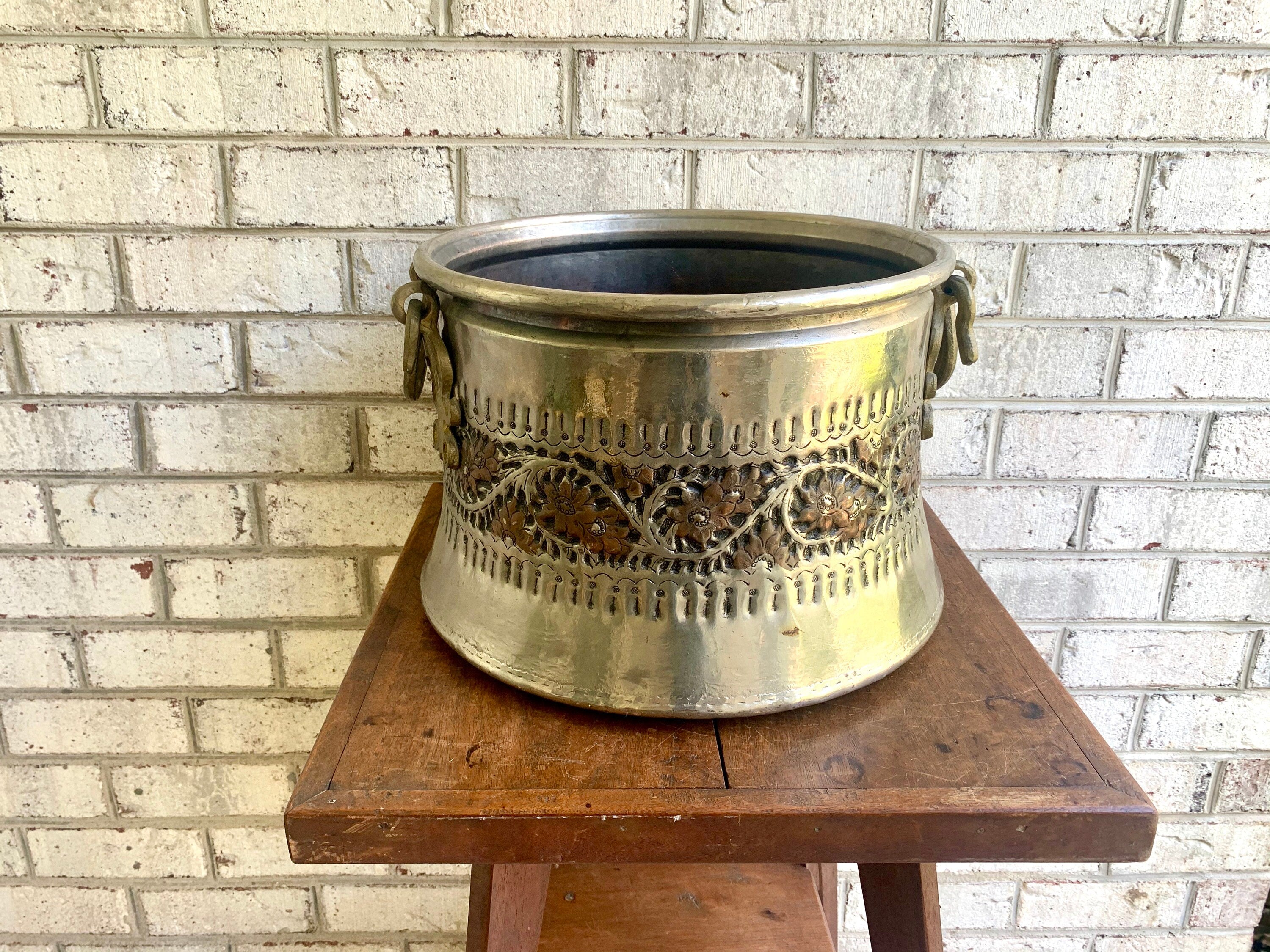 Vintage Large Nickel Plated Copper Cauldron | Turkish Nickel Plated Cauldron | Turkish Copper Nickel Plated Repousse Cauldron