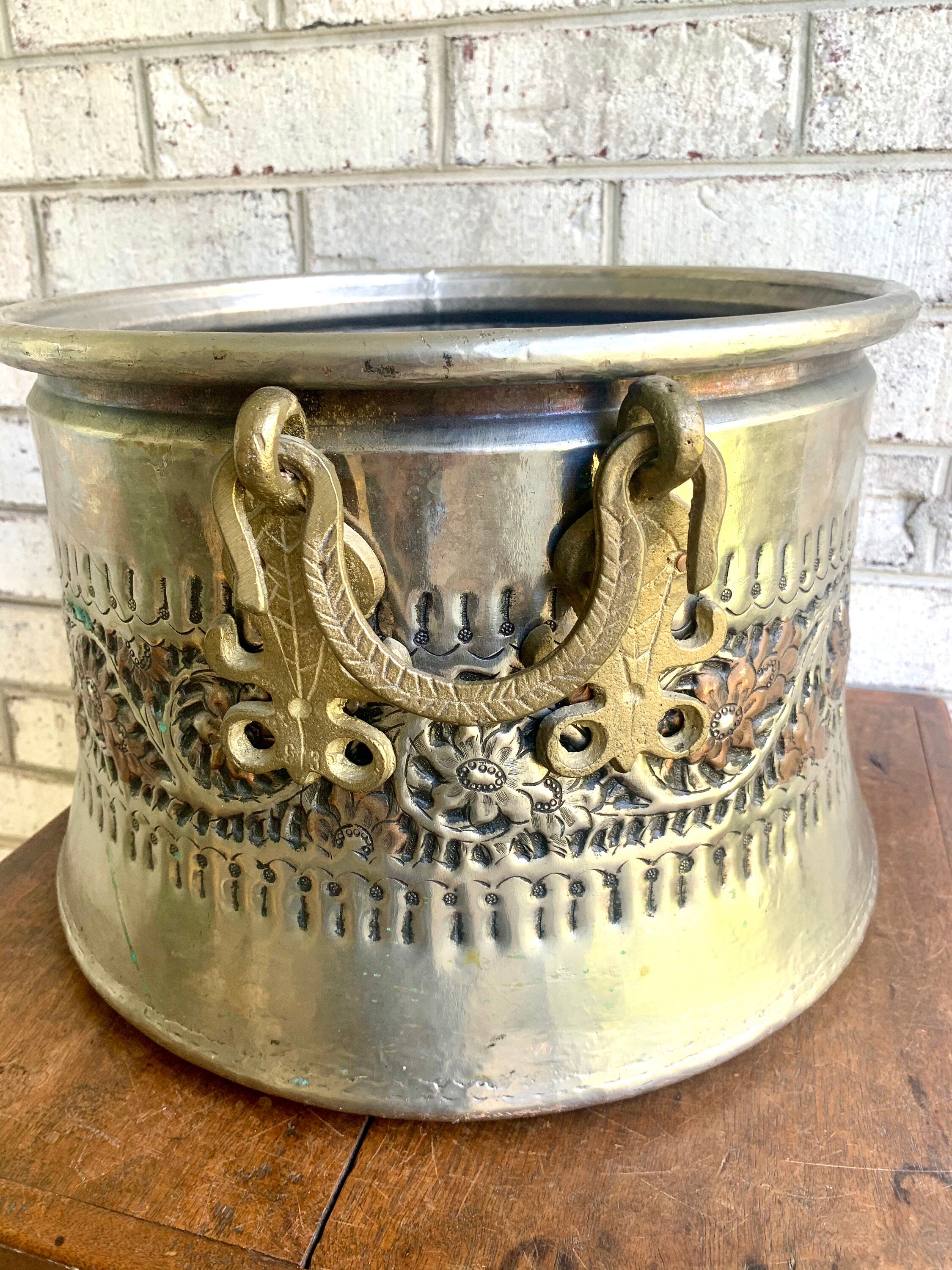 Vintage Large Nickel Plated Copper Cauldron | Turkish Nickel Plated Cauldron | Turkish Copper Nickel Plated Repousse Cauldron