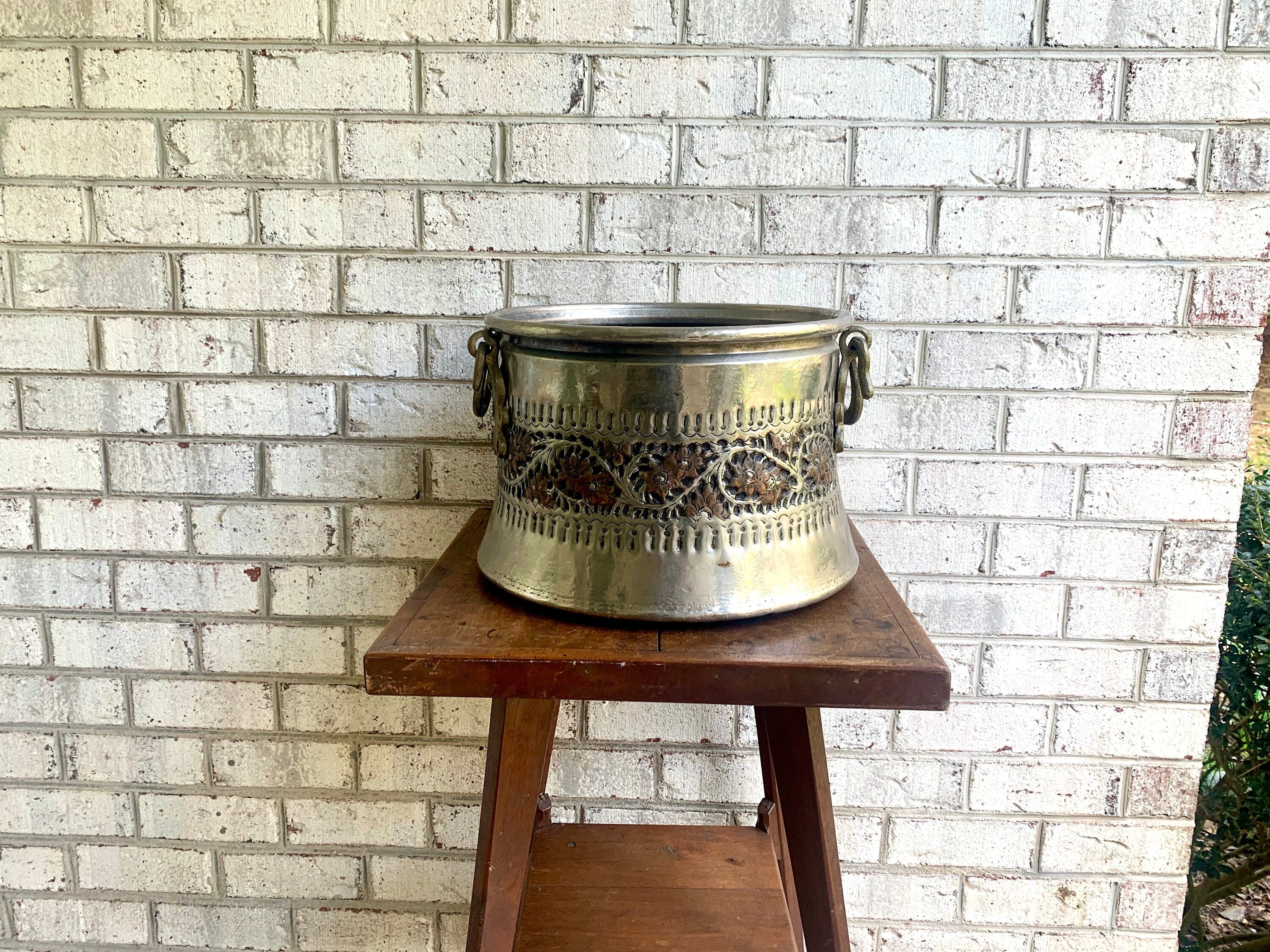 Vintage Large Nickel Plated Copper Cauldron | Turkish Nickel Plated Cauldron | Turkish Copper Nickel Plated Repousse Cauldron