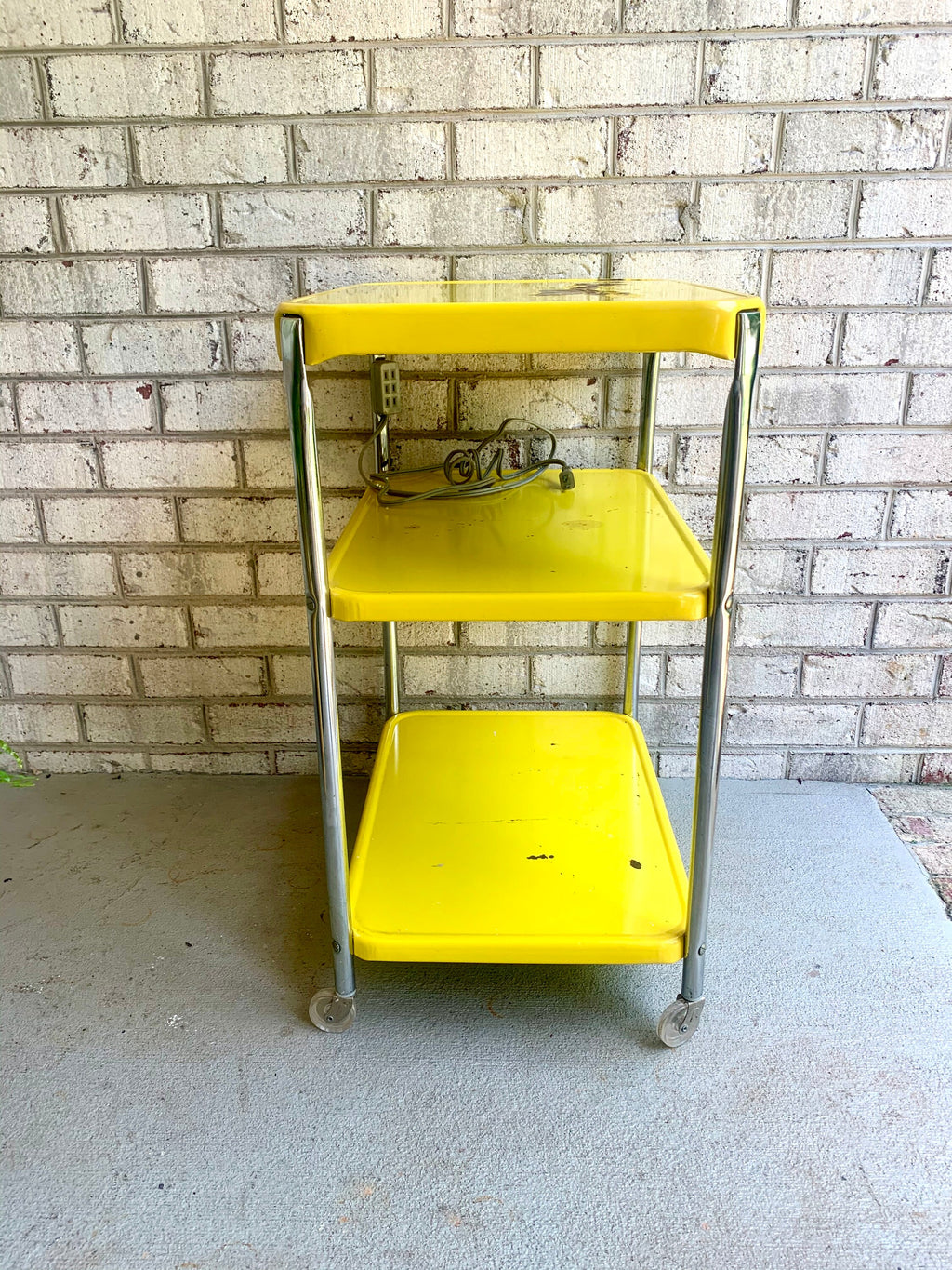 Yellow Cosco Bar Cart | MCM Metal Bar Cart | Vintage 3 Tier Bar Cart | Utility Cart | Rolling Bar Cart with Electrical Outlets