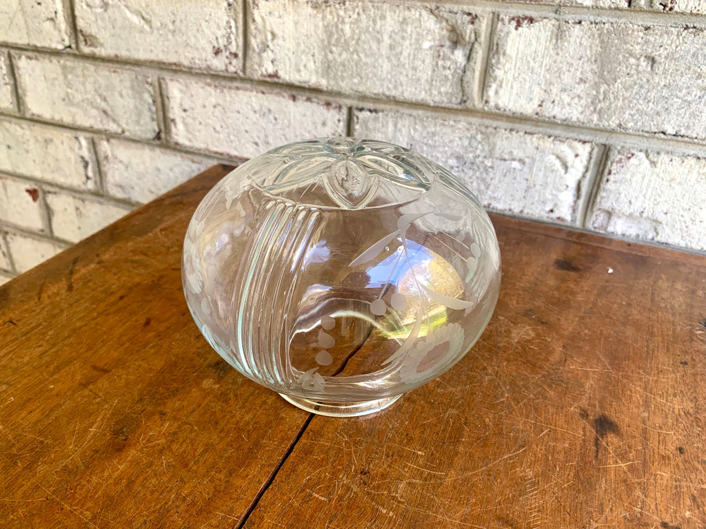 Vtg Etched Glass Floral Ceiling Light Globe | Clear Etched Glass Lamp Globe | Mid Century Etched Glass Globe
