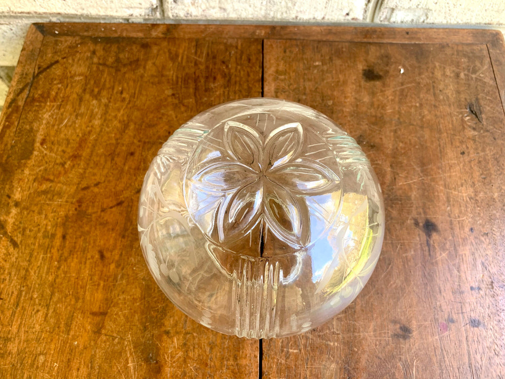 Vtg Etched Glass Floral Ceiling Light Globe | Clear Etched Glass Lamp Globe | Mid Century Etched Glass Globe