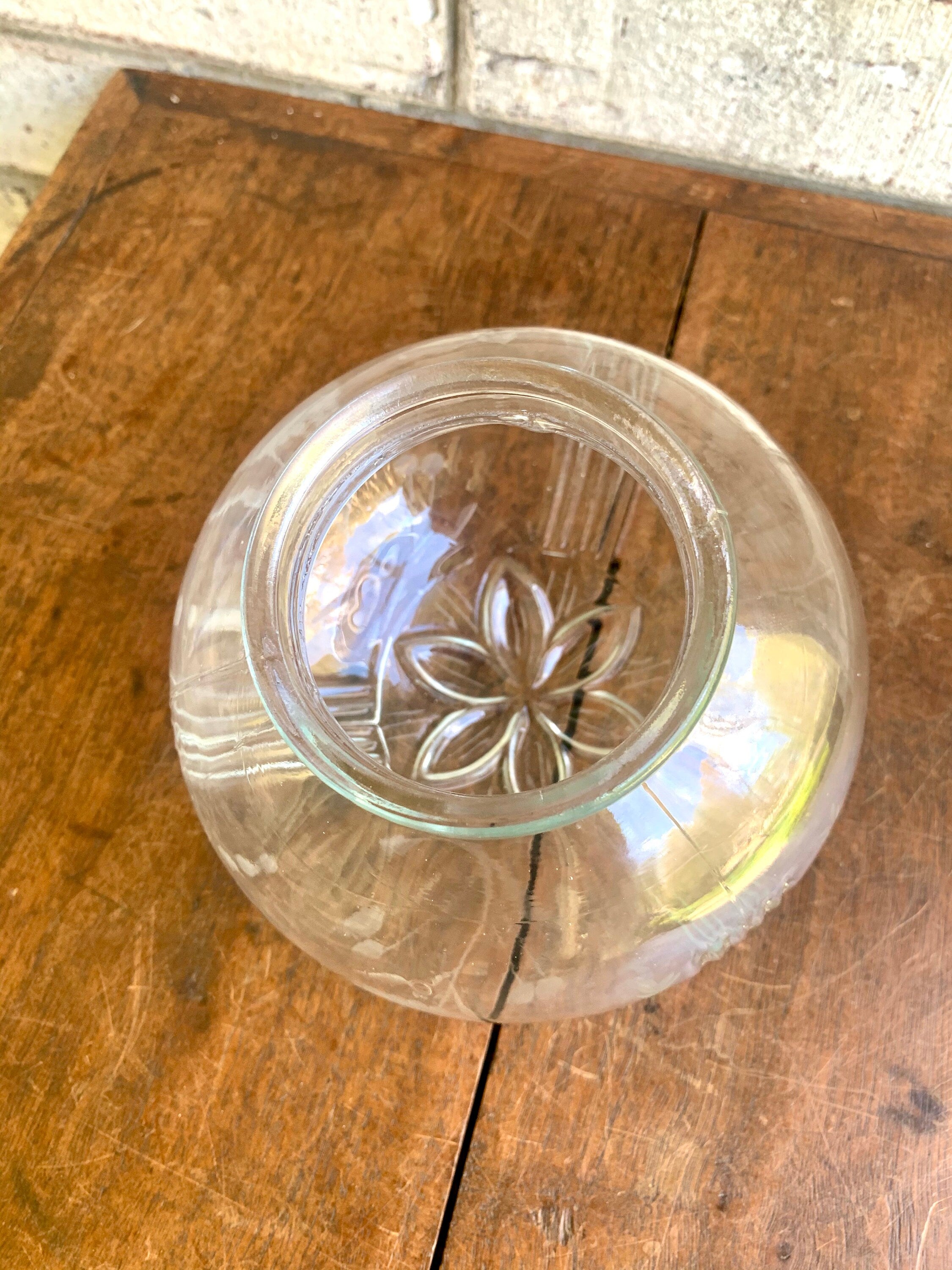 Vtg Etched Glass Floral Ceiling Light Globe | Clear Etched Glass Lamp Globe | Mid Century Etched Glass Globe