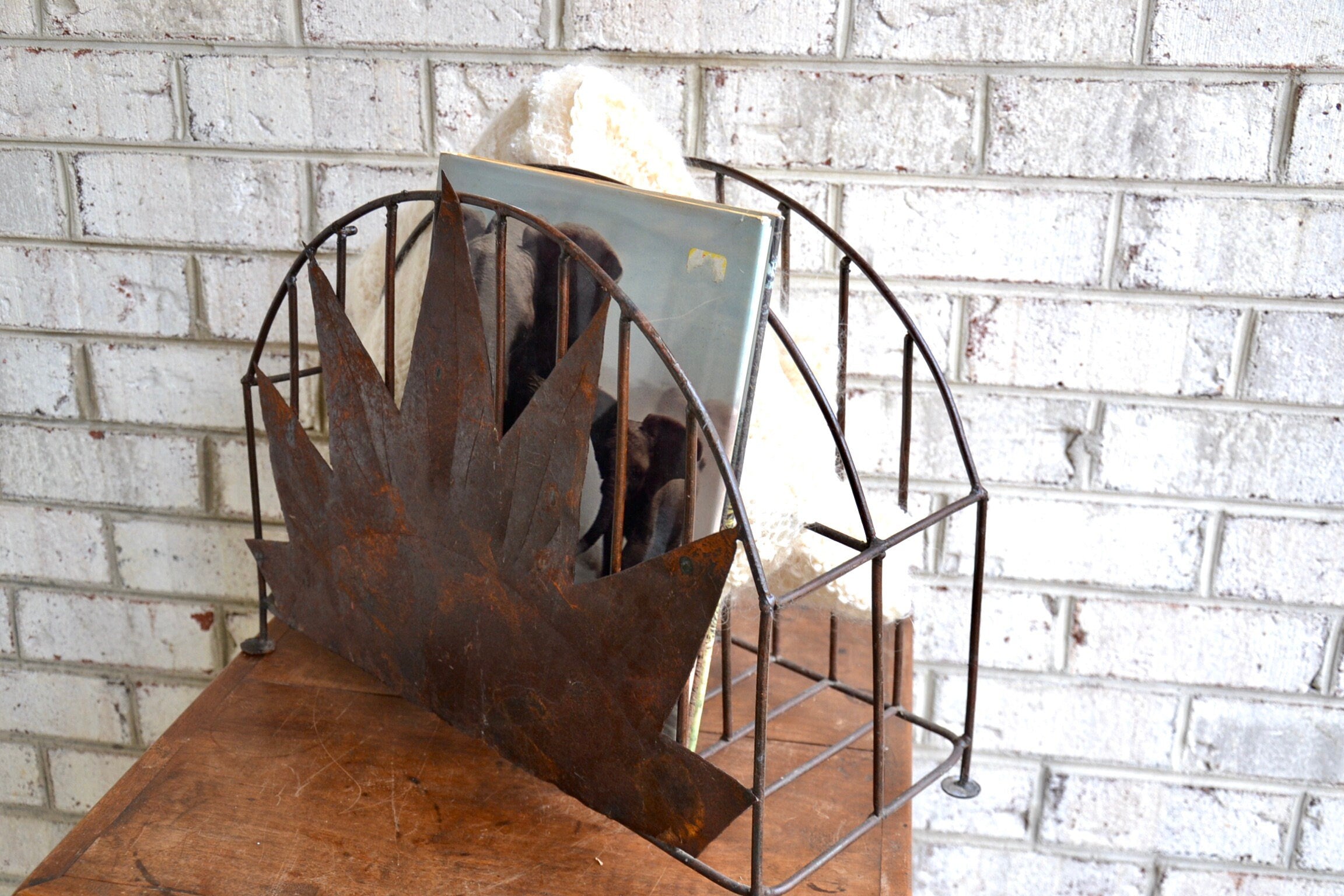 Rustic Magazine Rack | Distressed Vinyl Record Storage Rack | Haitian Magazine Storage Rack | Rustic Metal Storage Rack | Western Decor