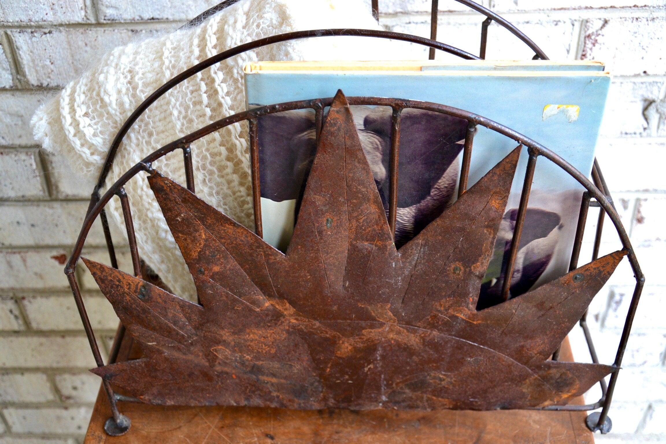 Rustic Magazine Rack | Distressed Vinyl Record Storage Rack | Haitian Magazine Storage Rack | Rustic Metal Storage Rack | Western Decor