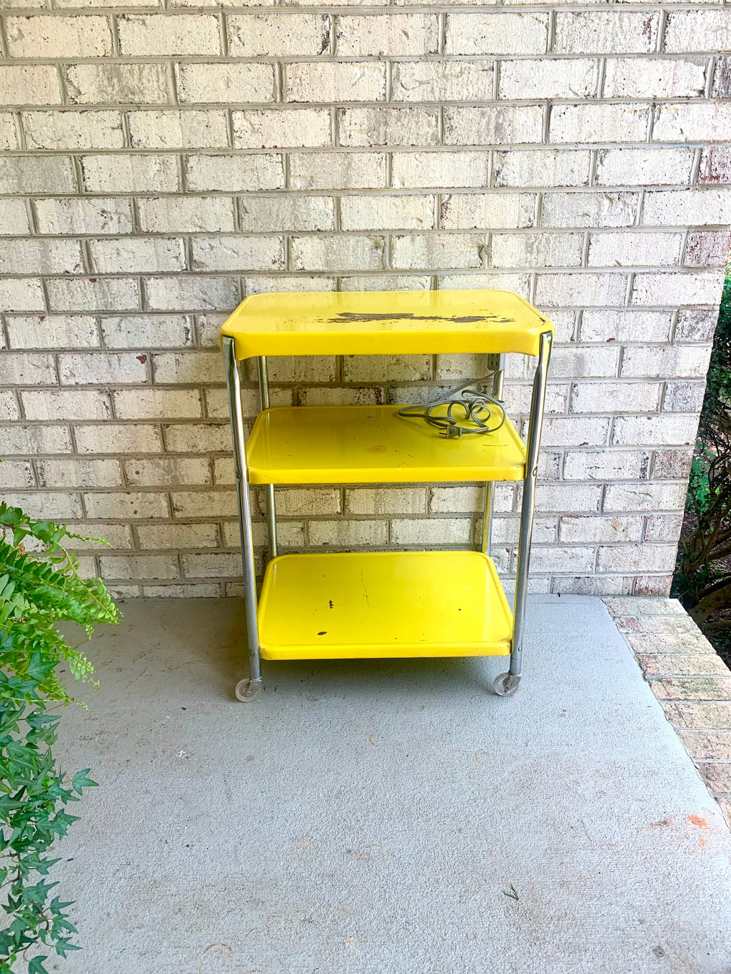 Yellow Cosco Bar Cart | MCM Metal Bar Cart | Vintage 3 Tier Bar Cart | Utility Cart | Rolling Bar Cart with Electrical Outlets